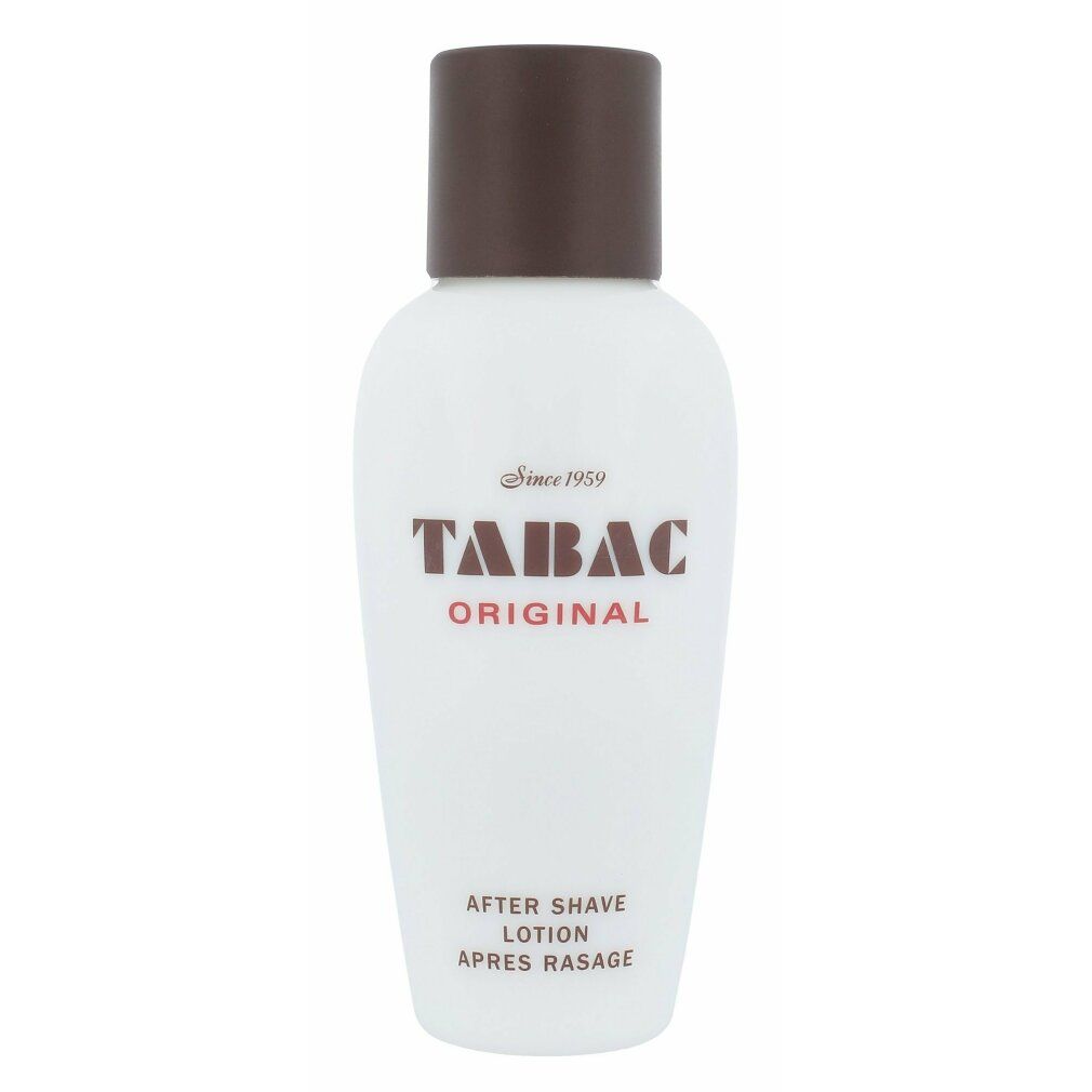 Flacon blanc avec bouchon marron. Logo et texte Tabac Original. Lotion après-rasage. Depuis 1959. Après Rasage.