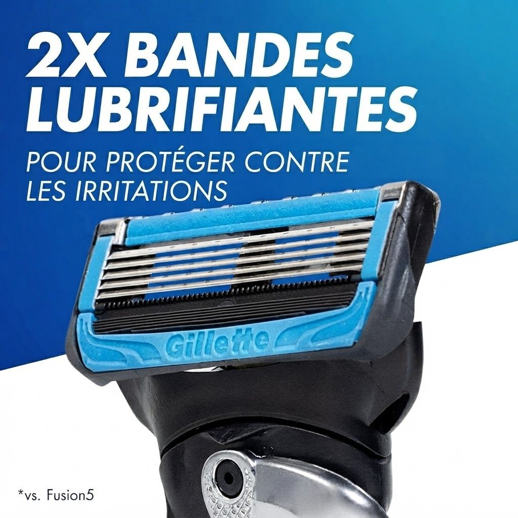 Tête de rasoir Gillette avec cinq lames et bandes lubrifiantes bleues.