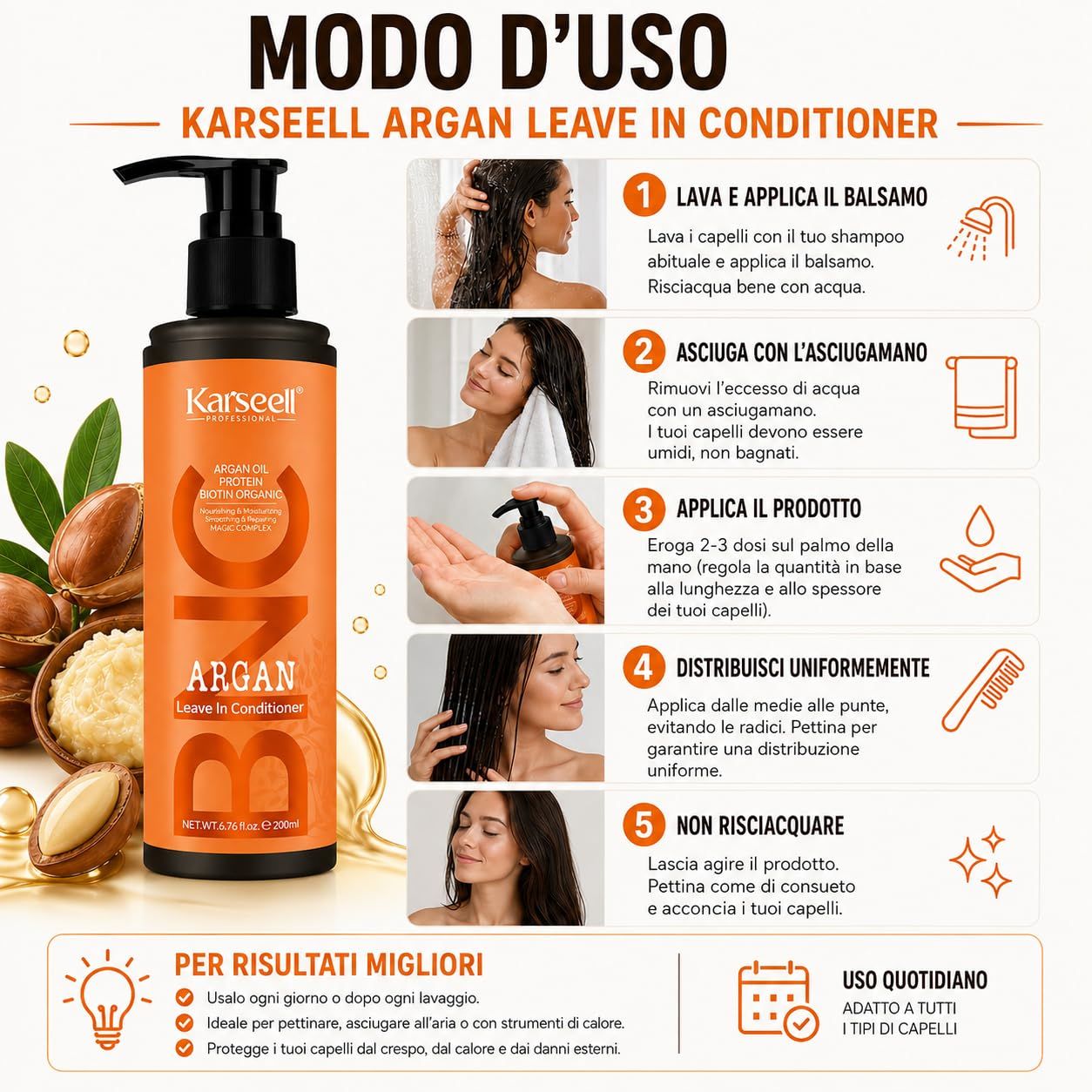 Bouteille de Karseell Argan Leave-In Conditioner avec pompe, 200ml. Fruits et huile d'argan à côté.