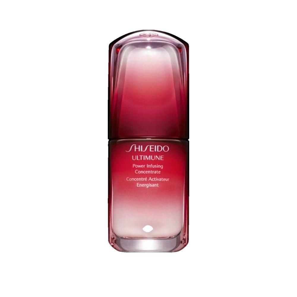 Sérum Shiseido Ultimune, flacon. Design rouge et blanc. Inscription: Ultimune Power Infusing Concentrate.