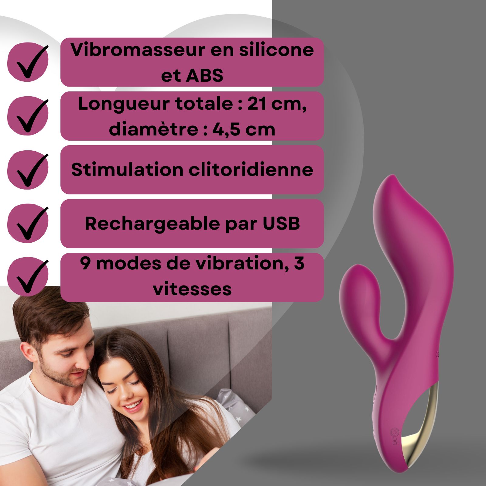 Vibrateur rose avec stimulation clitoridienne. Couple en arrière-plan. Sur socle. Accent doré.