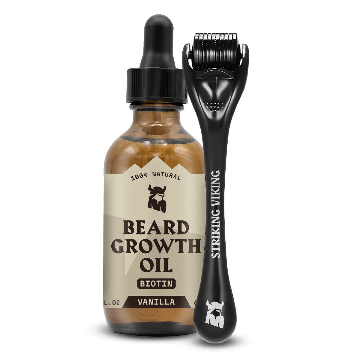 Flacon en verre brun avec pipette et rouleau cutané noir. Inscription: Beard Growth Oil, Biotine, Vanille. Marque: Striking Viking.