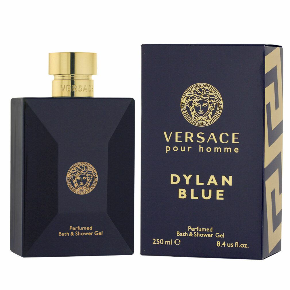Donkerblauwe fles en verpakking. Gouden logo en tekst. 'Versace Pour Homme Dylan Blue' en 'Perfumed Bath & Shower Gel'.