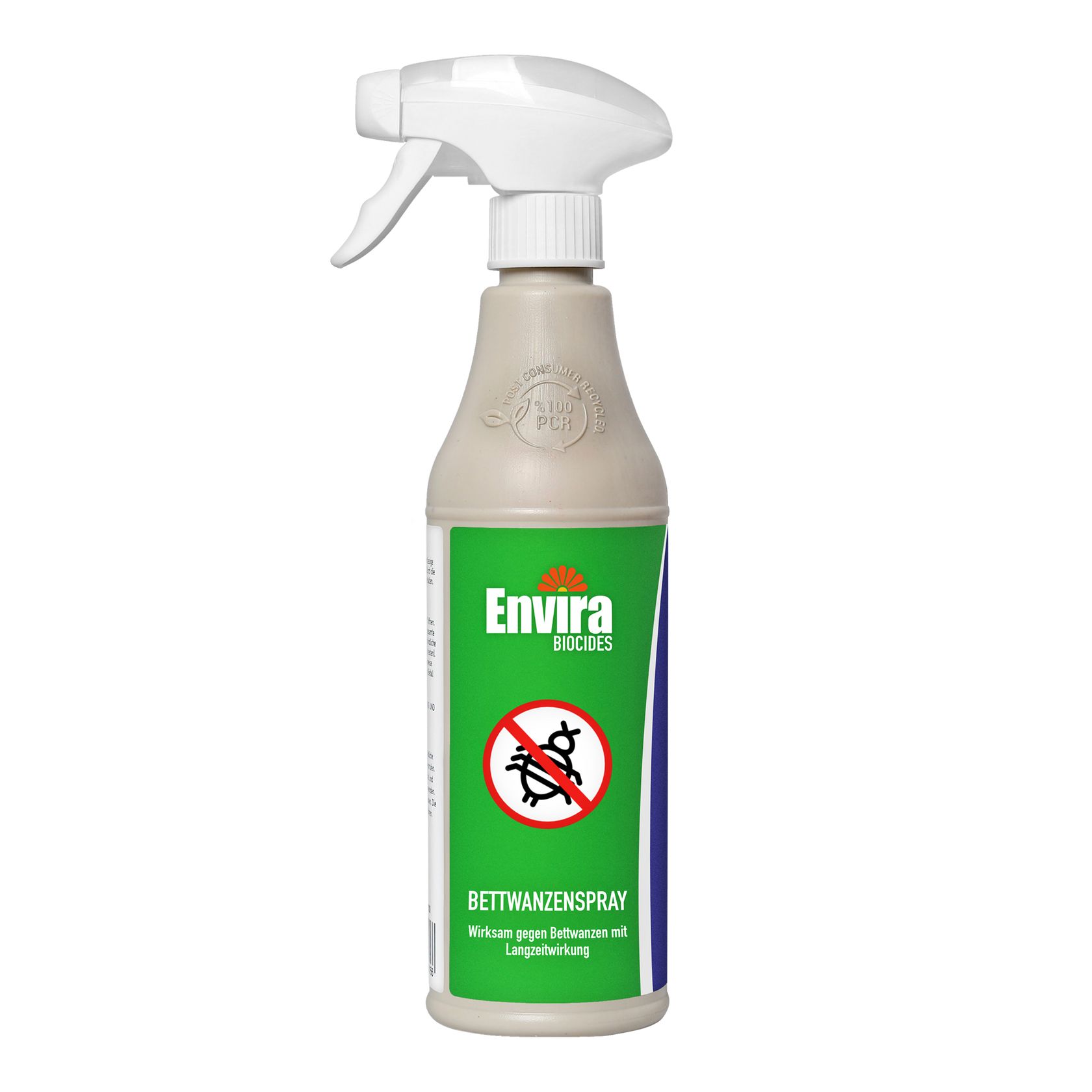 Sprayfles met groen etiket. Tekst: Envira, Bettwanzenspray. Rood symbool: bedwants doorgestreept. Witte sproeikop.