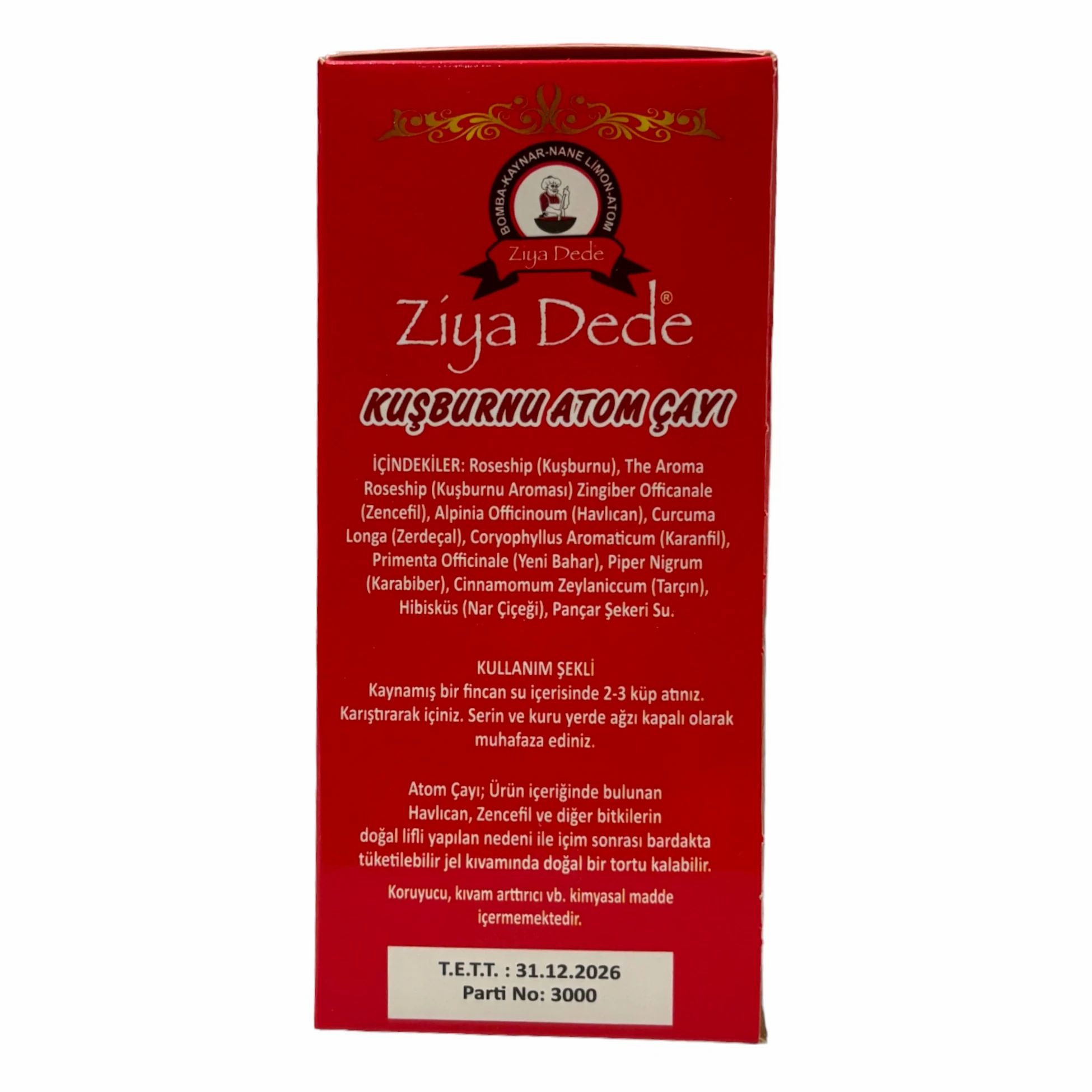 Dos de la boîte rouge. Texte en turc. Logo "Ziya Dede". Date de péremption et numéro de lot.