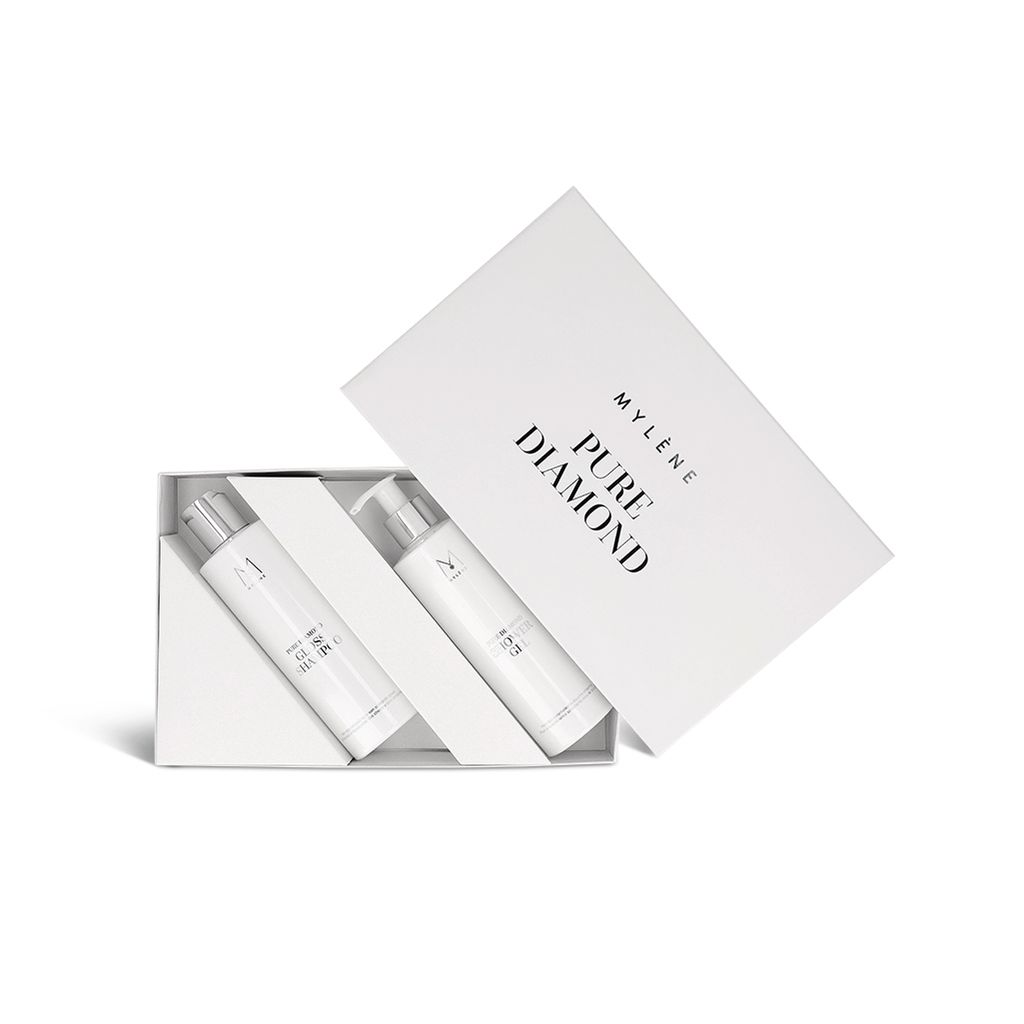 MYLÈNE Pure Diamond geschenkdoos met twee witte flacons, waarvan één met pompdispenser.