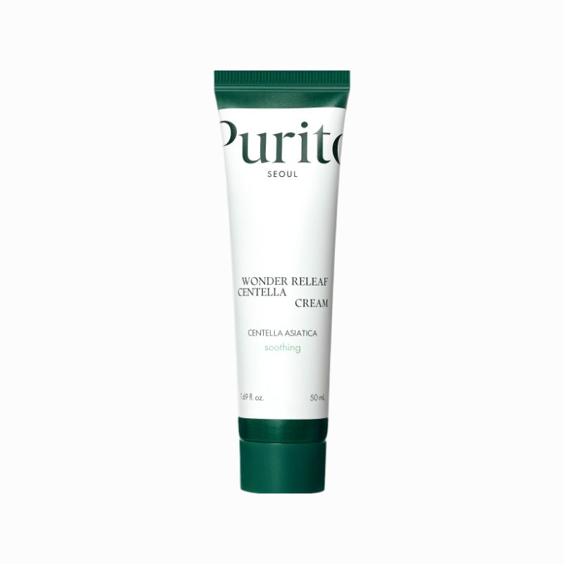 Tube de crème avec bouchon vert. Inscription : PURITO, Wonder Releaf Centella Cream, Centella Asiatica, soothing.