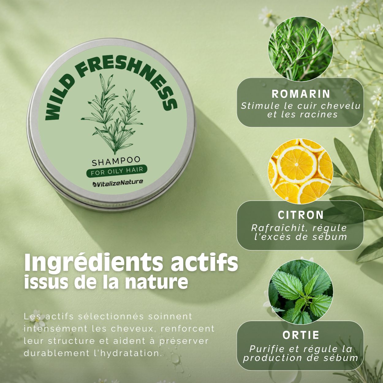 VitalizeNature Wild Freshness Barre de Shampooing – Ortie & Romarin pour Cheveux Gras