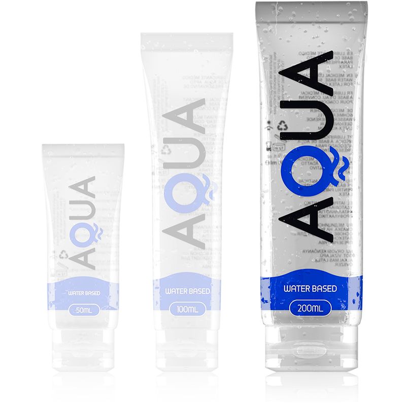Drie Aqua waterbased glijmiddel tubes in verschillende maten: 50ml, 100ml en 200ml.