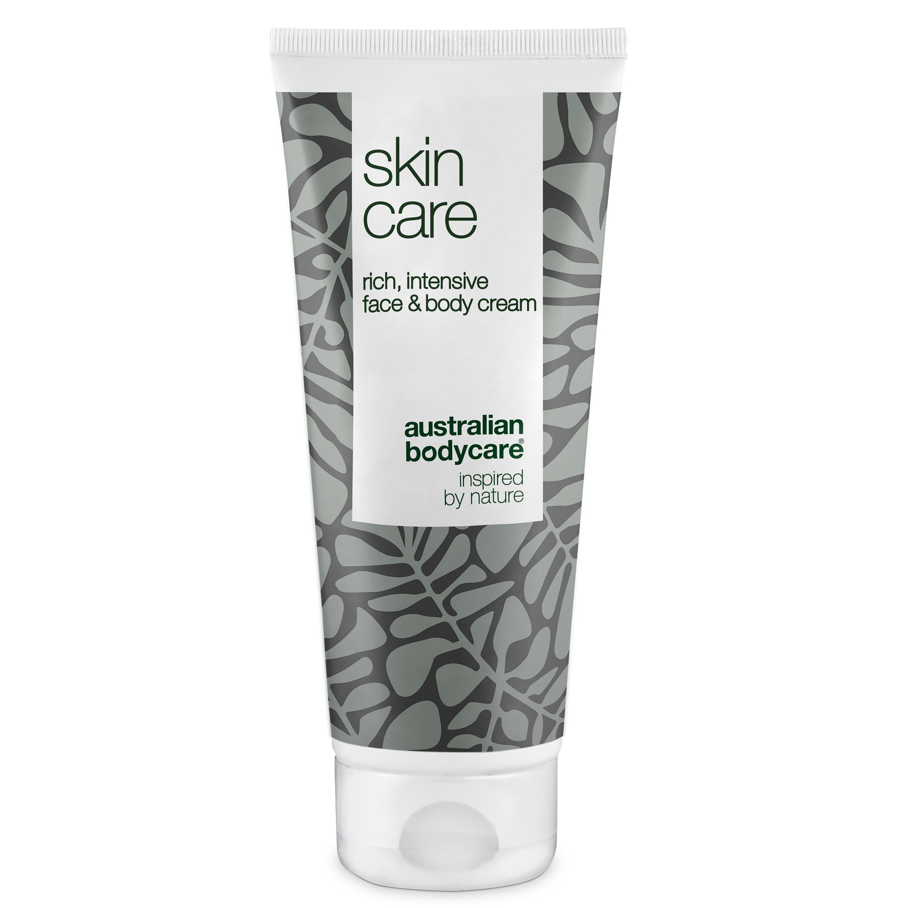 Crèmetube met witte dop. Opschrift: Skin Care, Rich, Intensive Face & Body Cream. Merk: Australian Bodycare.