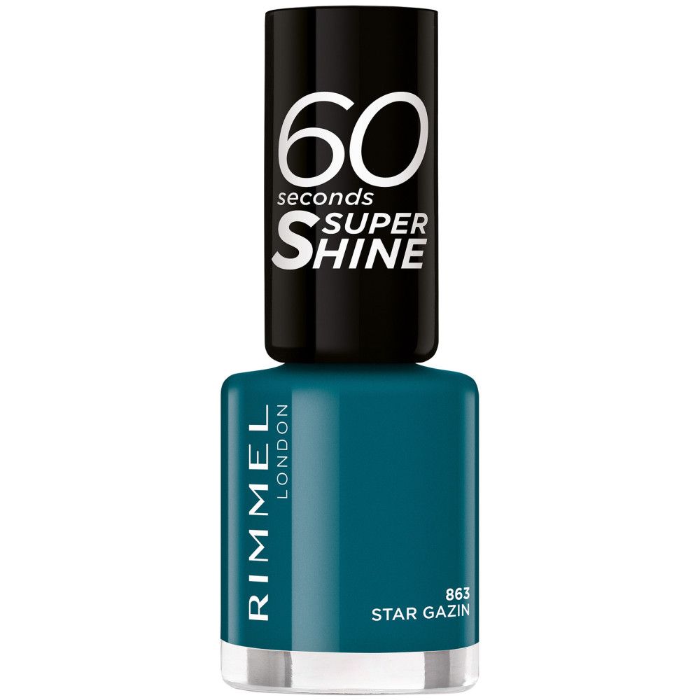 Flacon de vernis à ongles avec bouchon noir. Liquide vert foncé. "60 seconds super shine" sur le bouchon. Logo "Rimmel London" et nom du produit.