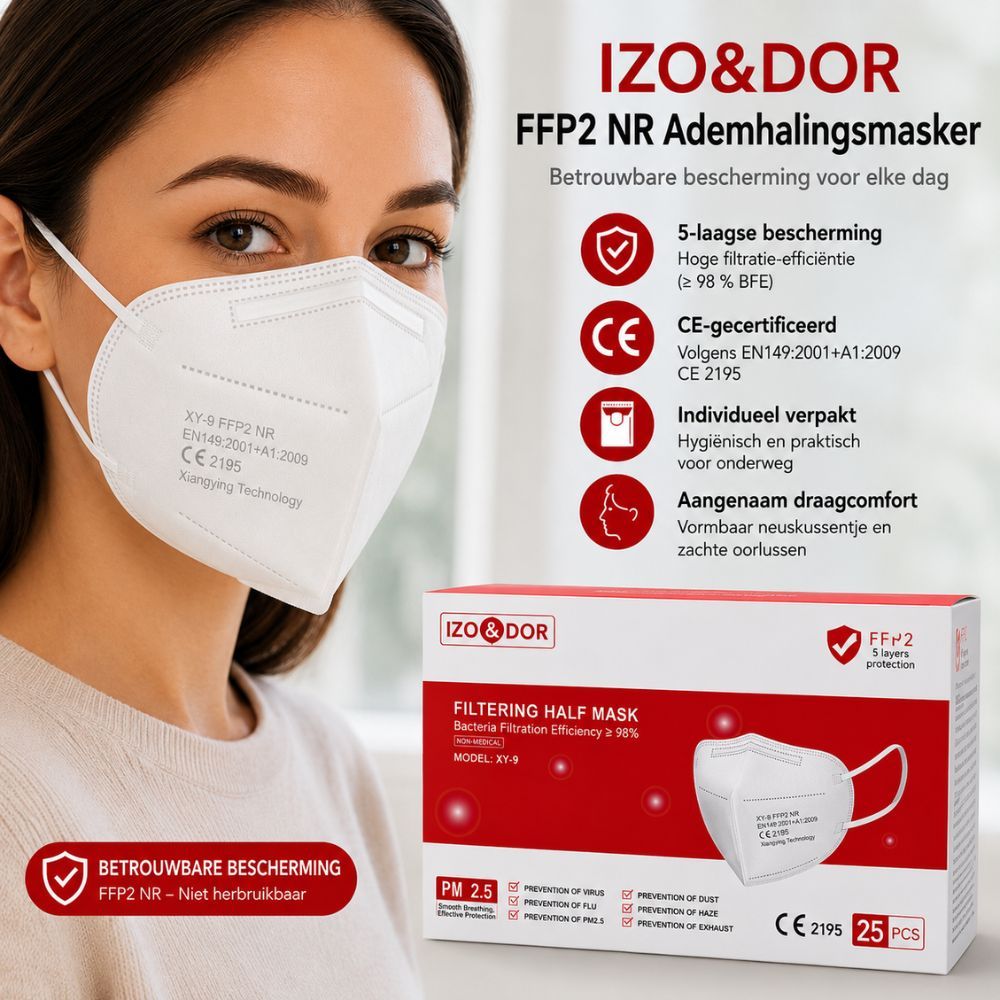 Man met wit FFP2-masker, productverpakking en kenmerken: CE-gecertificeerd, ergonomisch, ideaal voor werk en reizen.