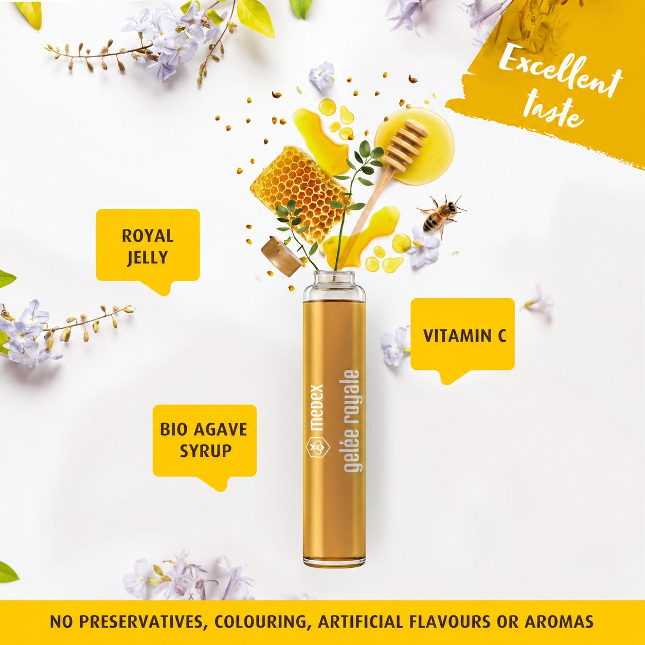Gouden Medex Gelée Royale ampul, omringd door honingraten, bijen en bloemen.