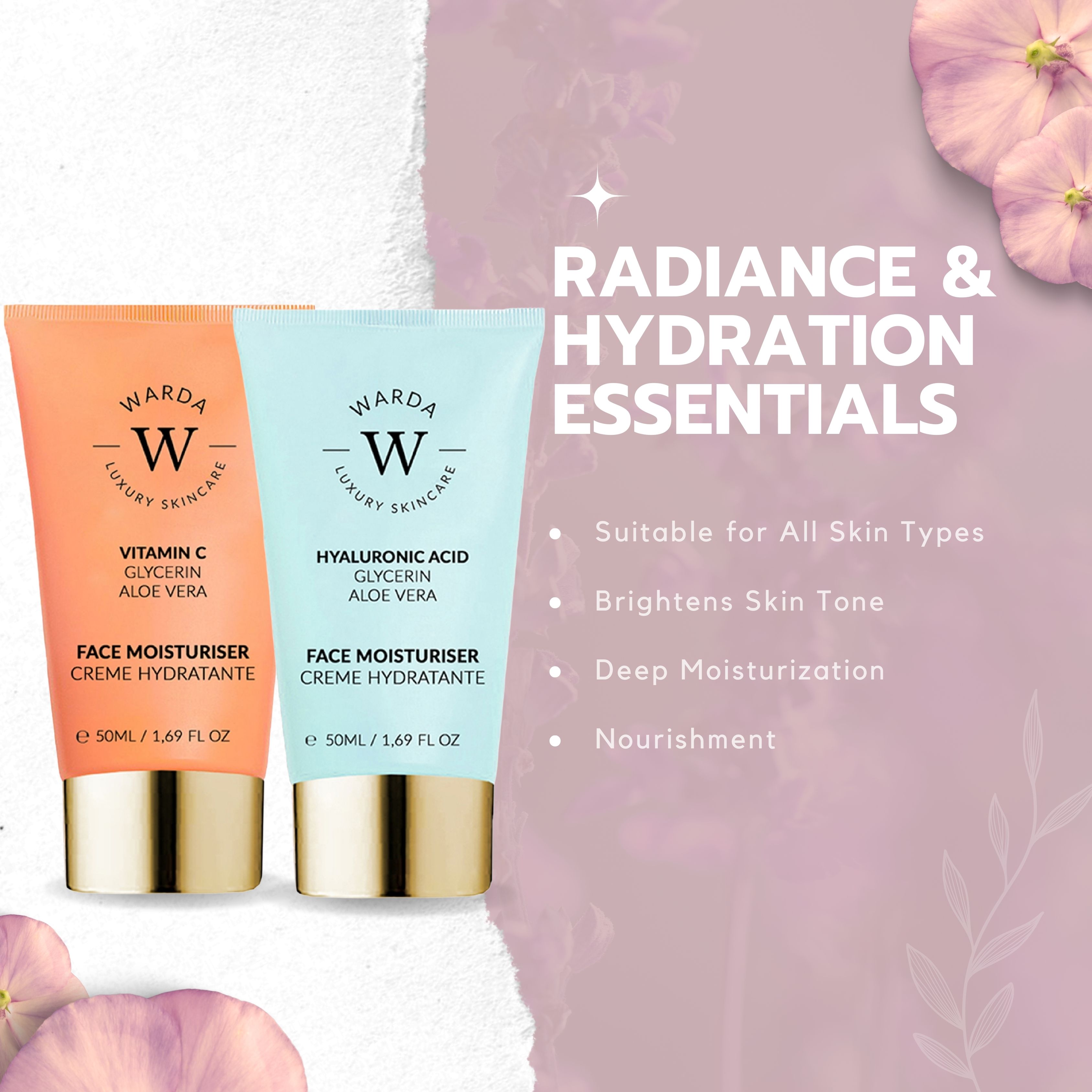 Deux tubes de crème de jour Warda devant un fond floral. Tube orange : Vitamine C. Tube bleu : Acide hyaluronique.