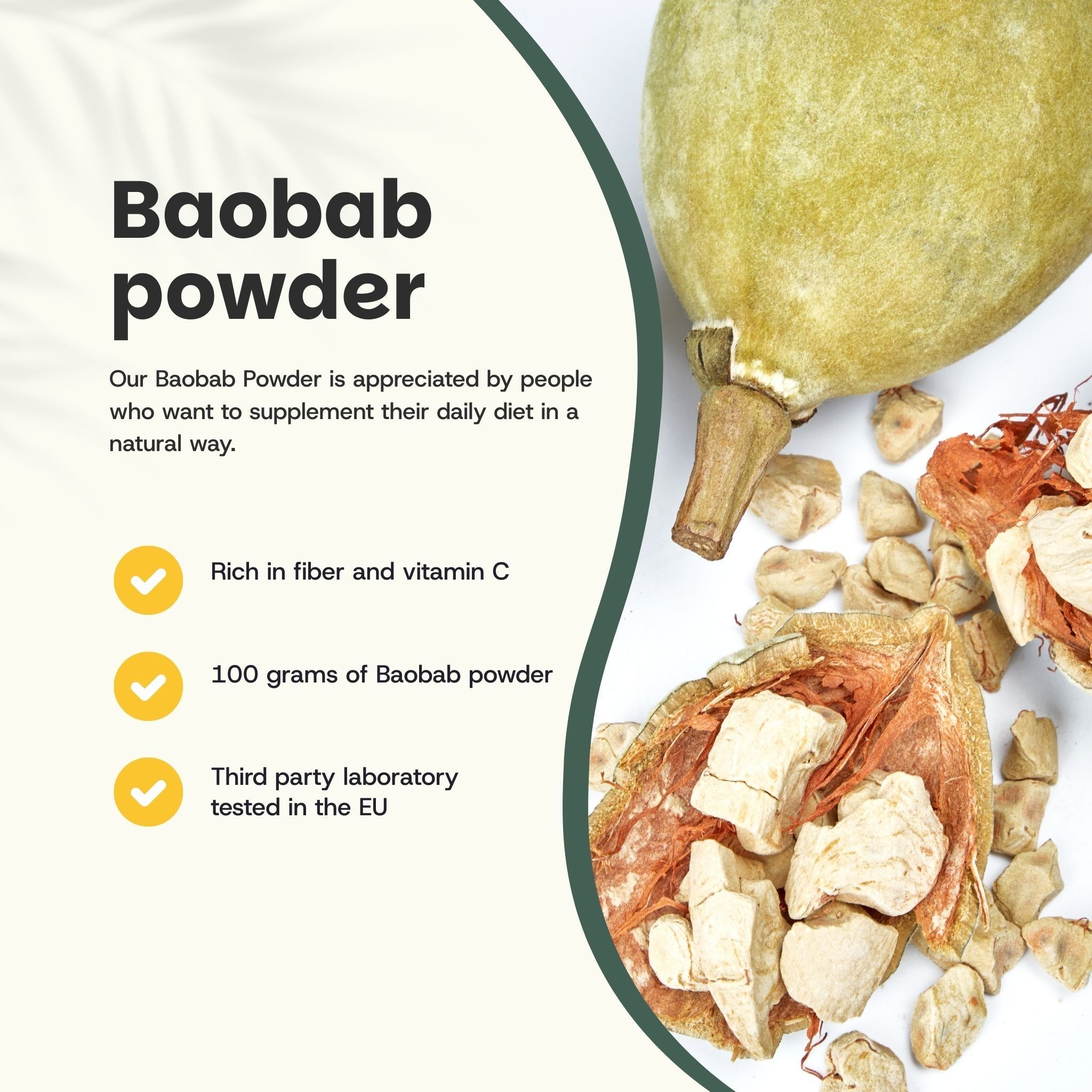 Tas de poudre de Baobab. Texte: 100% naturel, sans charges, poudre végétalienne, riche en fibres. Diagramme avec marques jaunes.