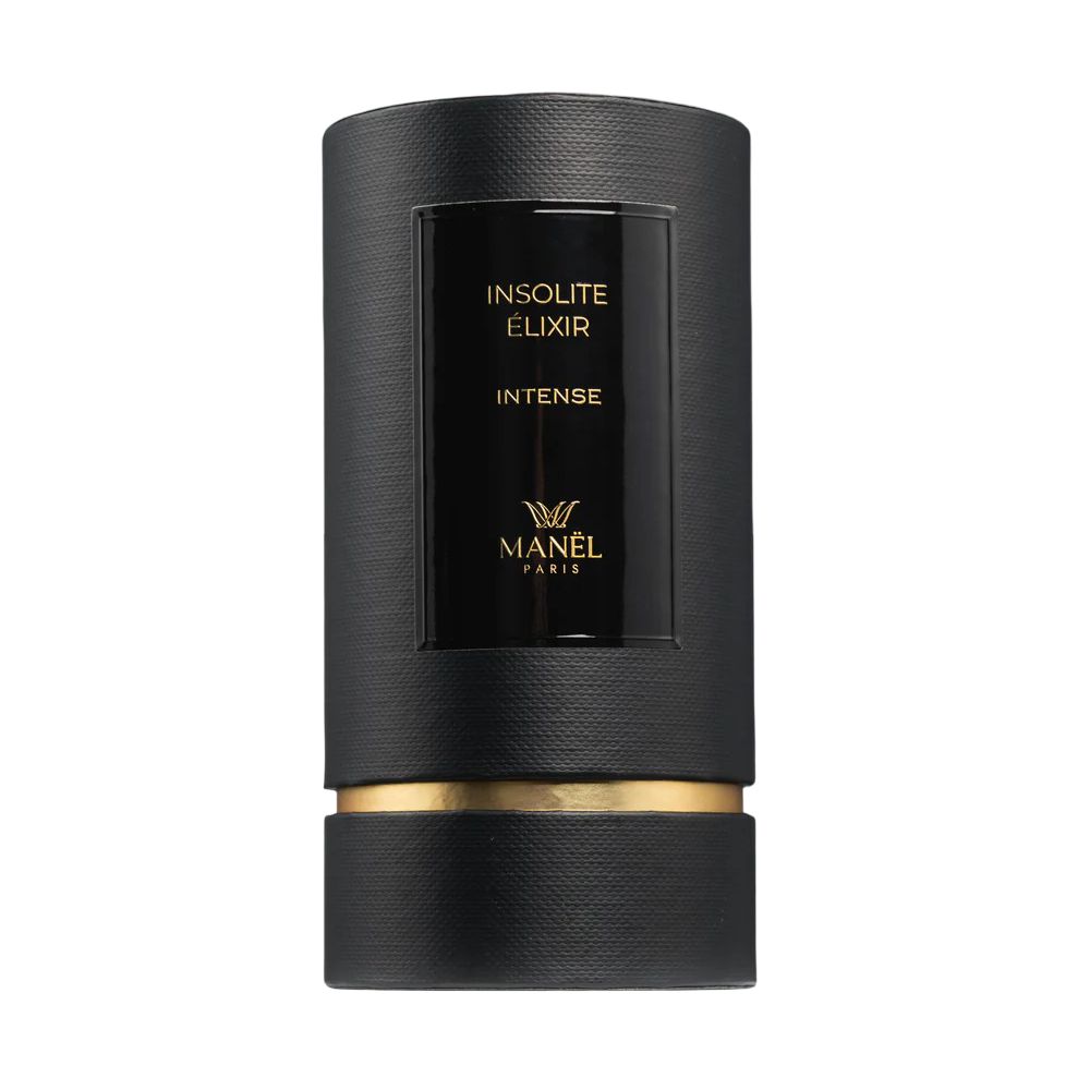 Cilindrische zwarte verpakking met gouden details. Opschrift: Insolite Elixir Intense, Manel Paris.