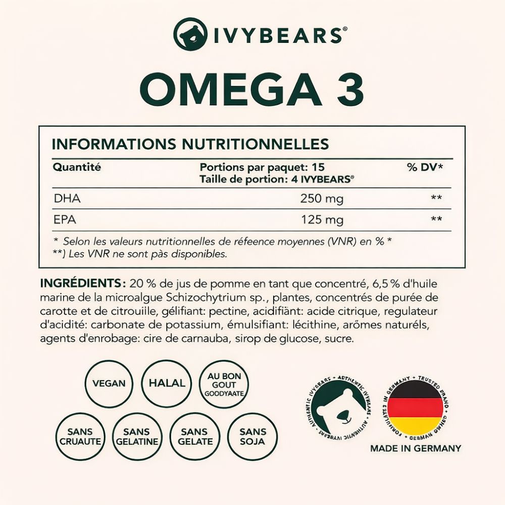 Informations nutritionnelles pour Omega 3. Détails sur DHA et EPA. Liste des ingrédients. Logos: Vegan, Halal, Goût naturel, Sans cruauté, etc.