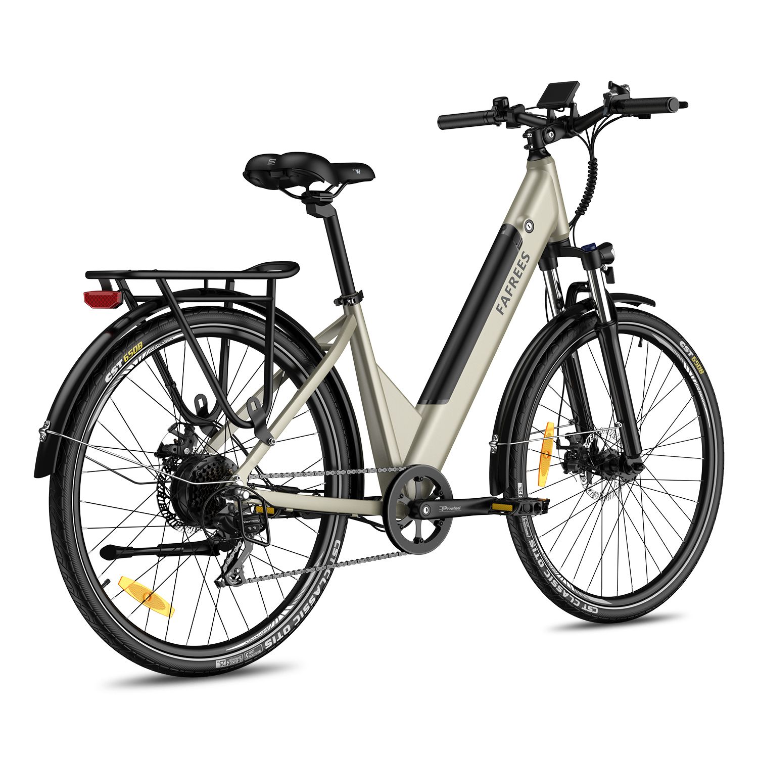 Vélo électrique Fafrees F28 Pro beige, détails noirs. Porte-bagages, garde-boue, pneus CST. Marque visible.