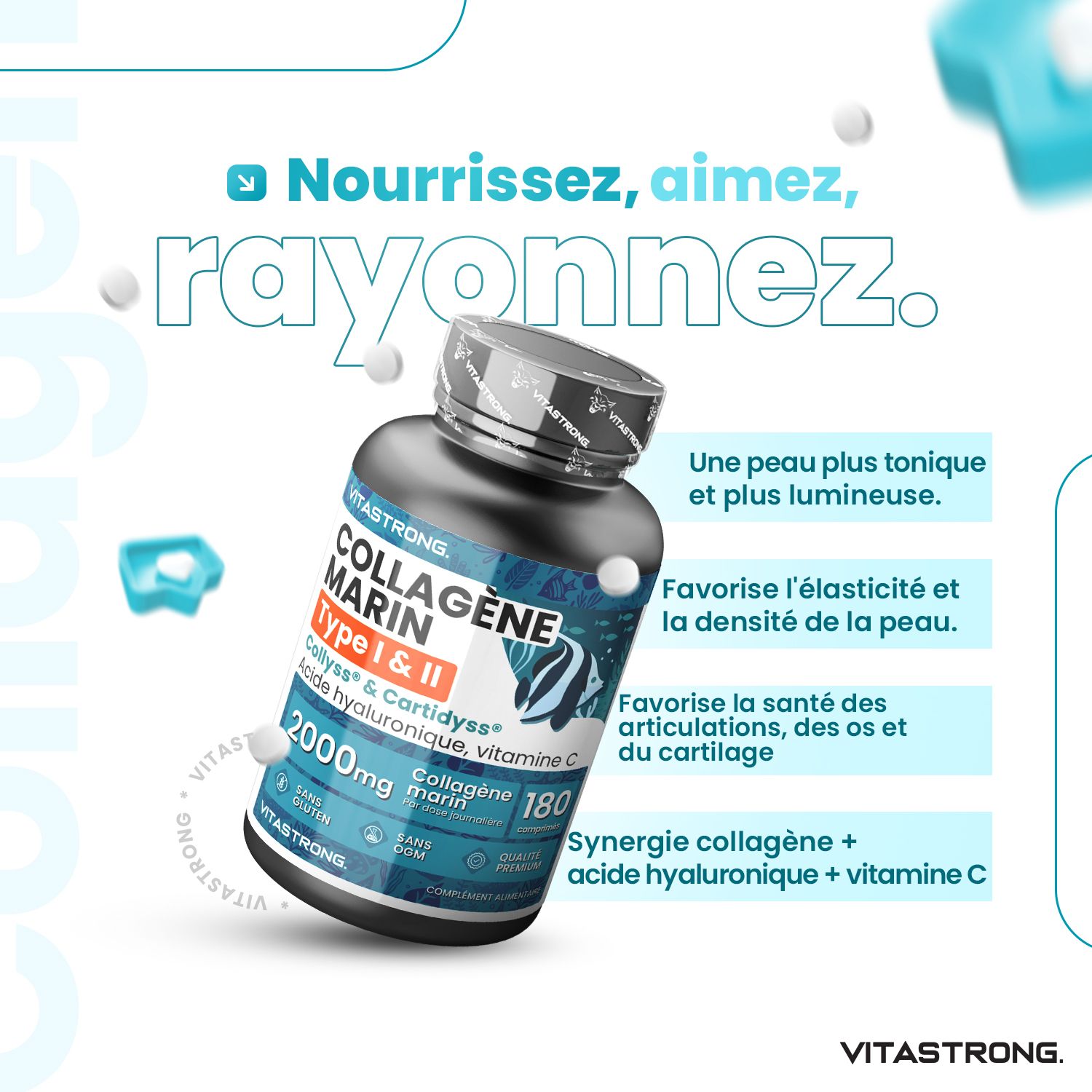 Tablettenfles. Marine Collageen Type I & II. 180 tabletten. Blauwe verpakking. Tabletten vallen.