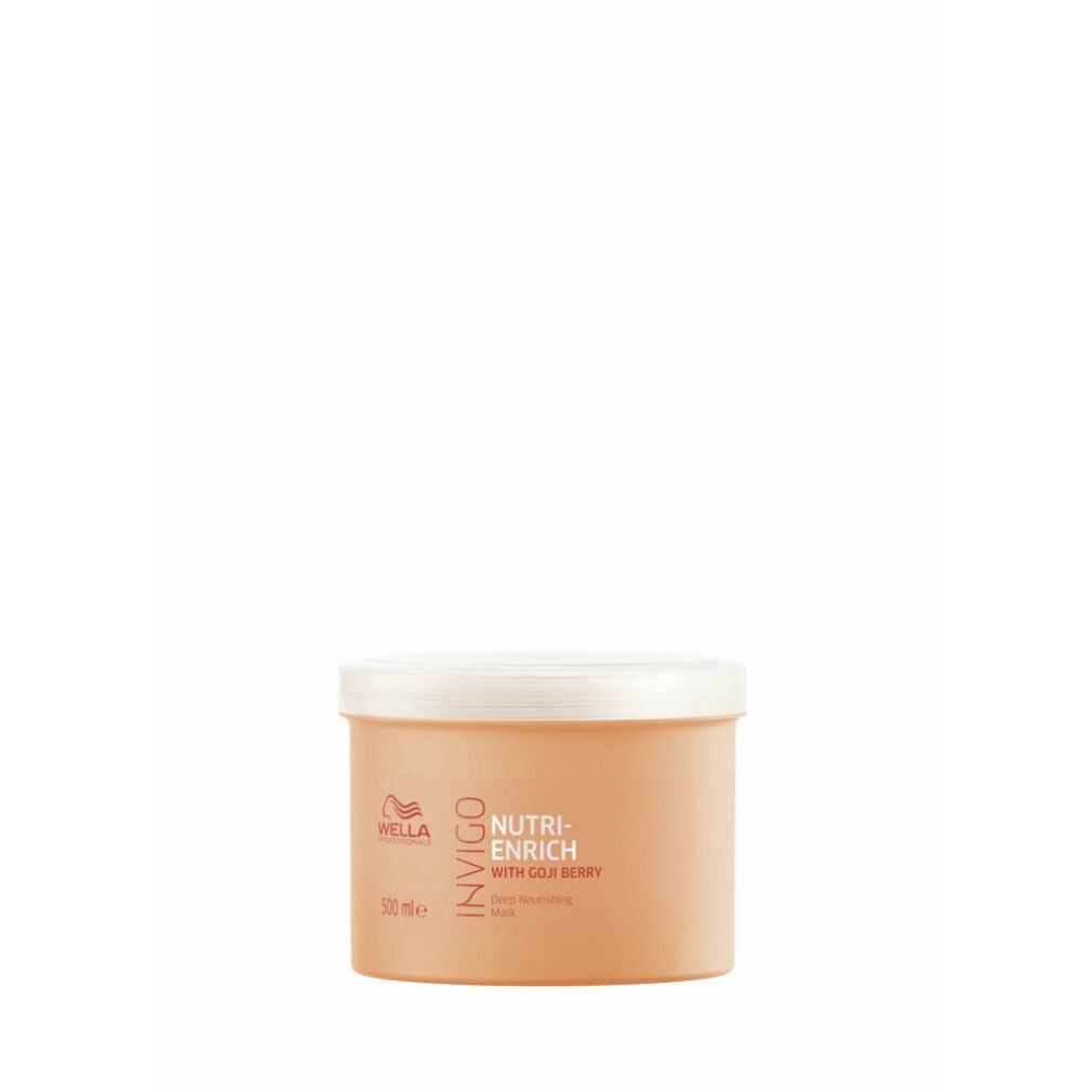 Beige pot met witte deksel. Opschrift: Wella Invigo Nutri-Enrich Deep Nourishing Mask.