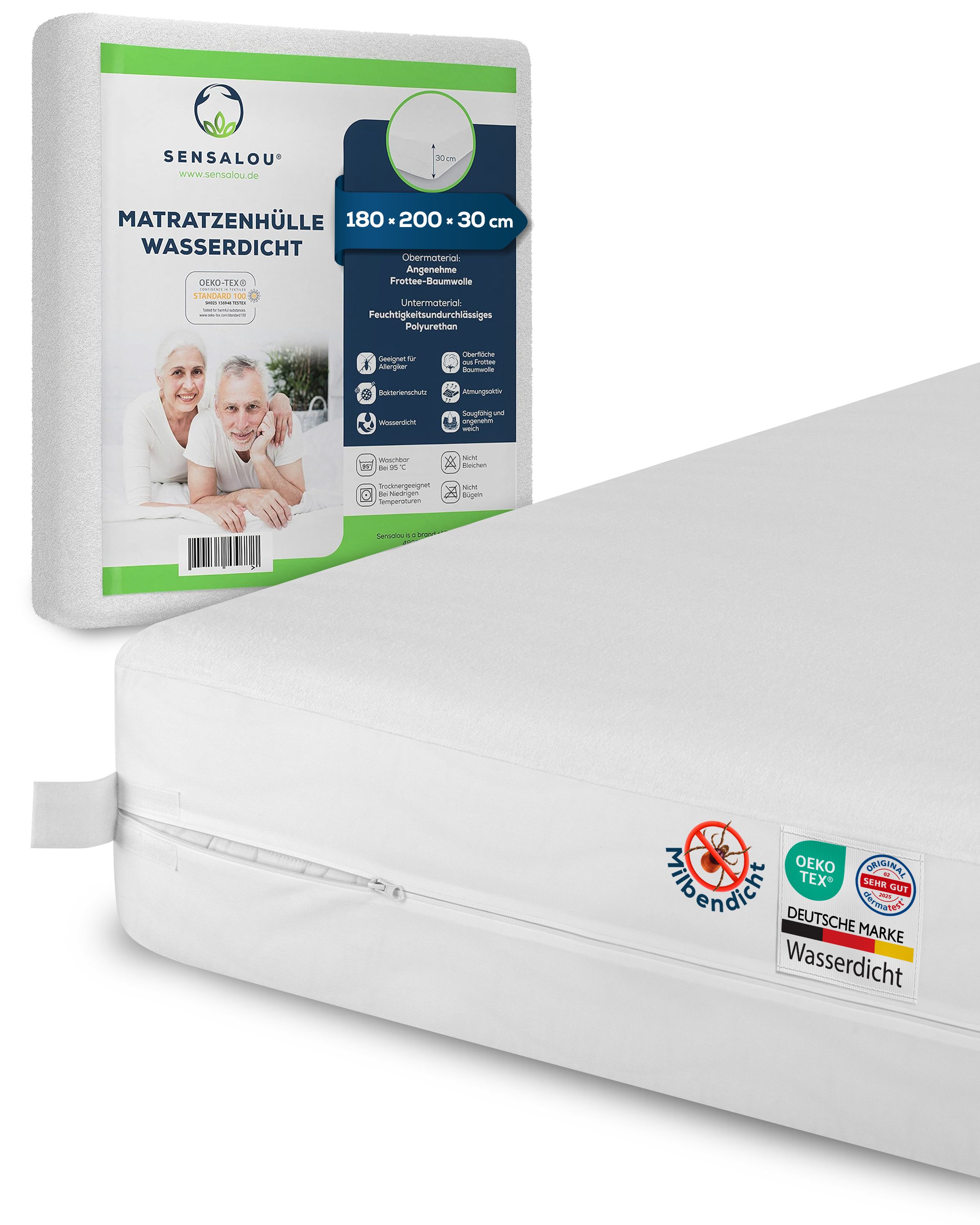 Witte matrasbeschermer met rits. Productinformatie op verpakking. Oeko-Tex-certificering, waterdicht.