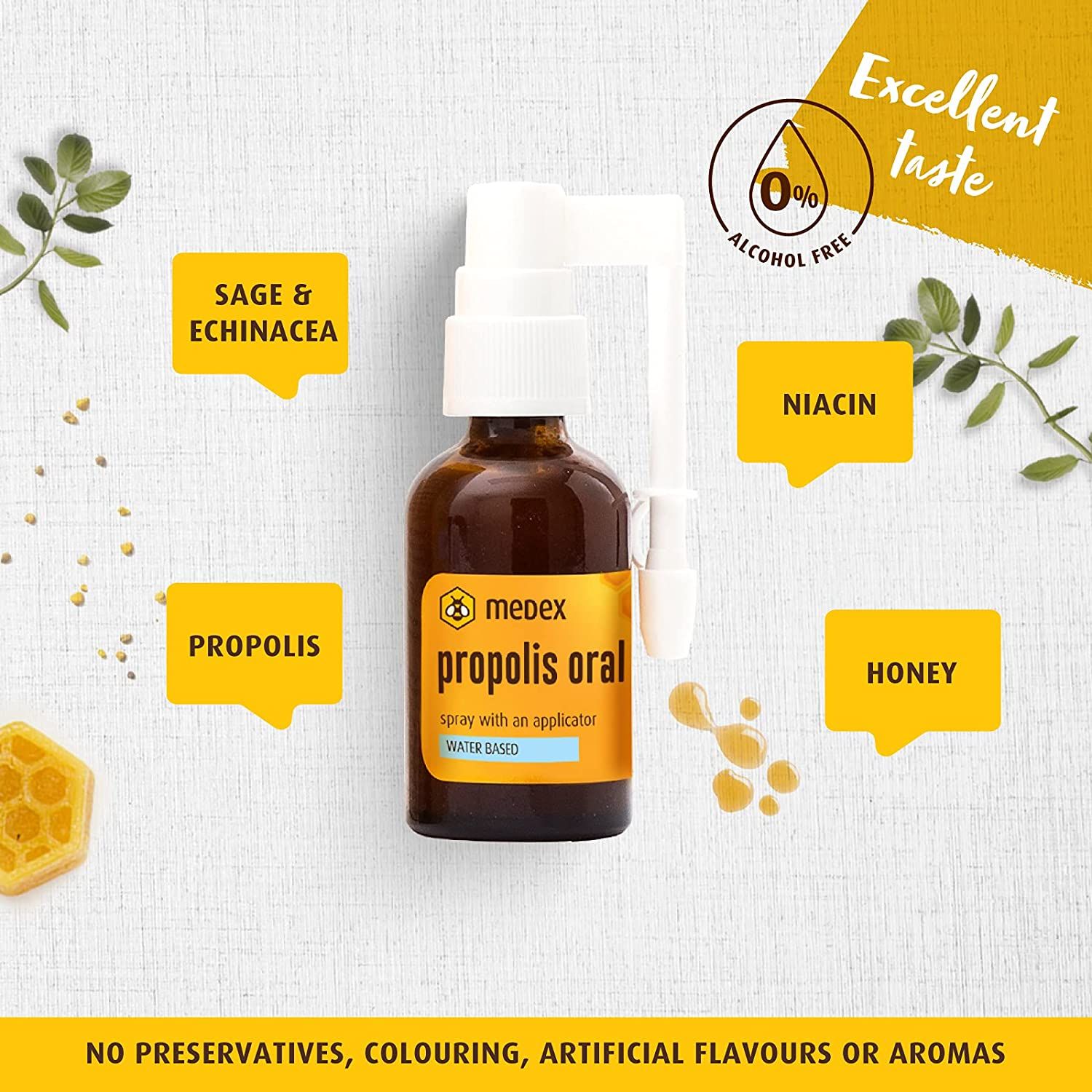 Medex Propolis Oral spray met applicator, op waterbasis, ingrediënten-symbolen.