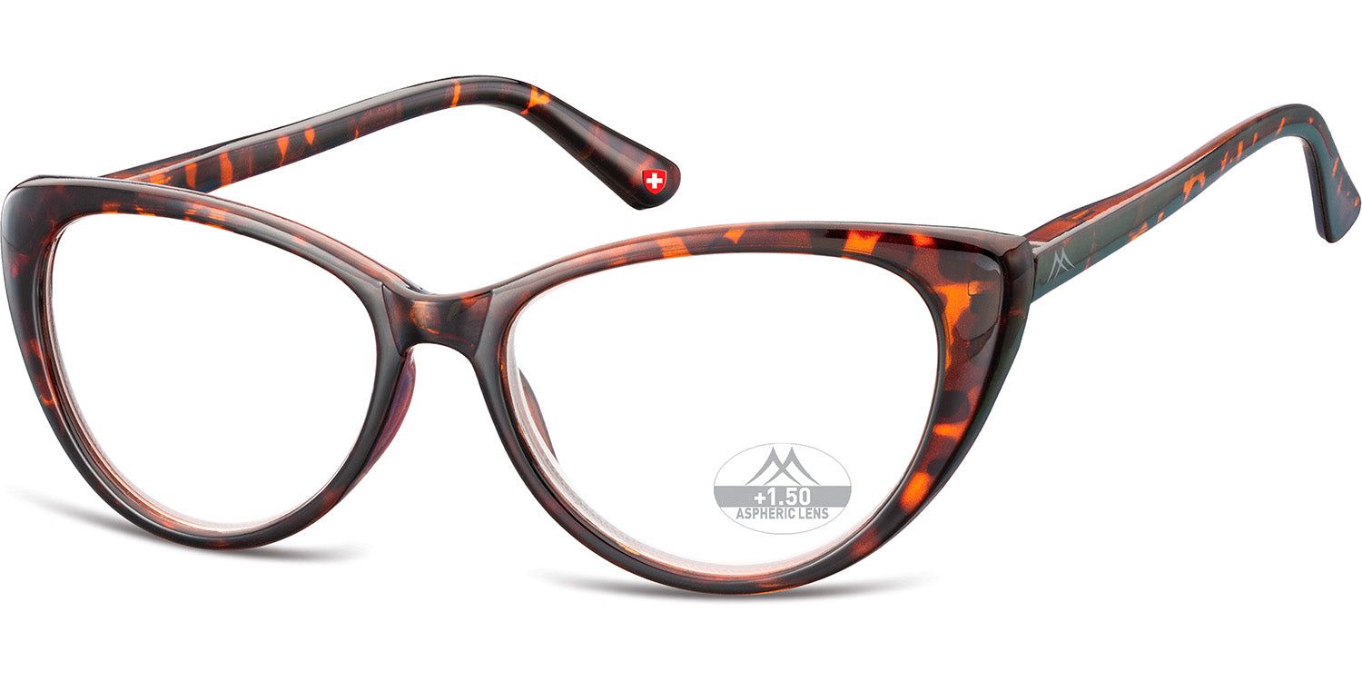 Lunettes marron. Verres clairs avec indication "+1.50". Monture en forme de chat.