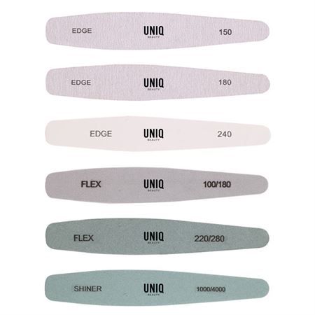 Zes UNIQ Beauty nagelvijlen in verschillende gritmaten: 150, 180, 240, 100/180, 220/280, 1000/4000.