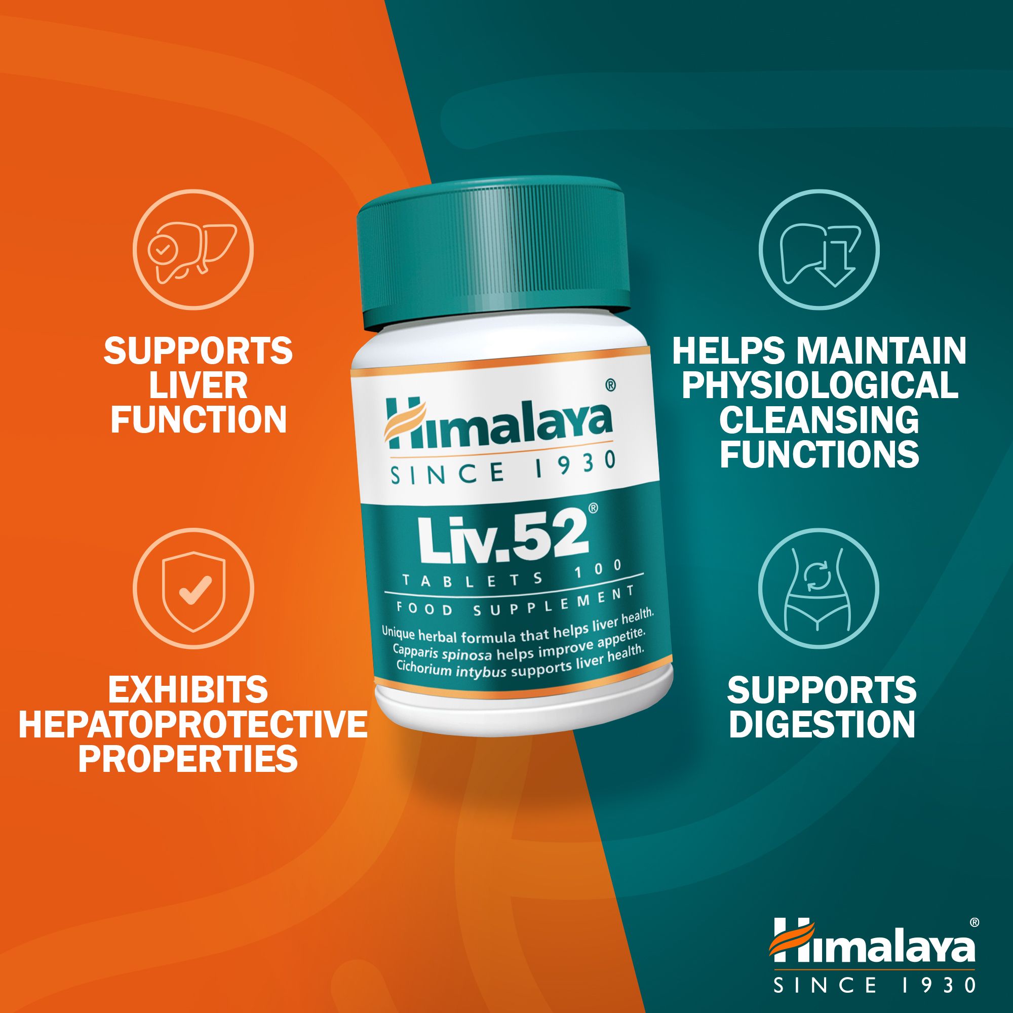 Himalaya Liv.52 tabletten. Groen-witte fles met geel etiket. Tekst: Liv.52, tabletten, 100. Grafieken: lever, spijsvertering, leverfunctie.