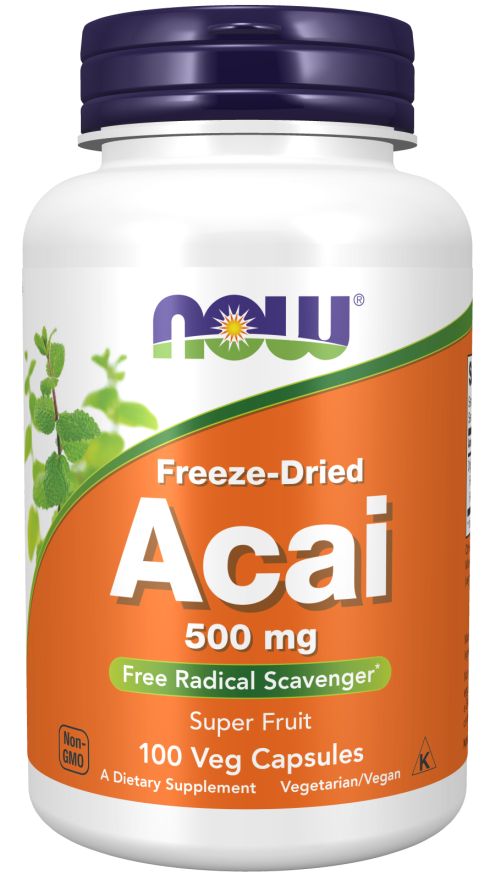 Flacon blanc avec bouchon bleu. Étiquette orange avec texte : "NOW", "Acai 500 mg", "100 Veg Capsules".