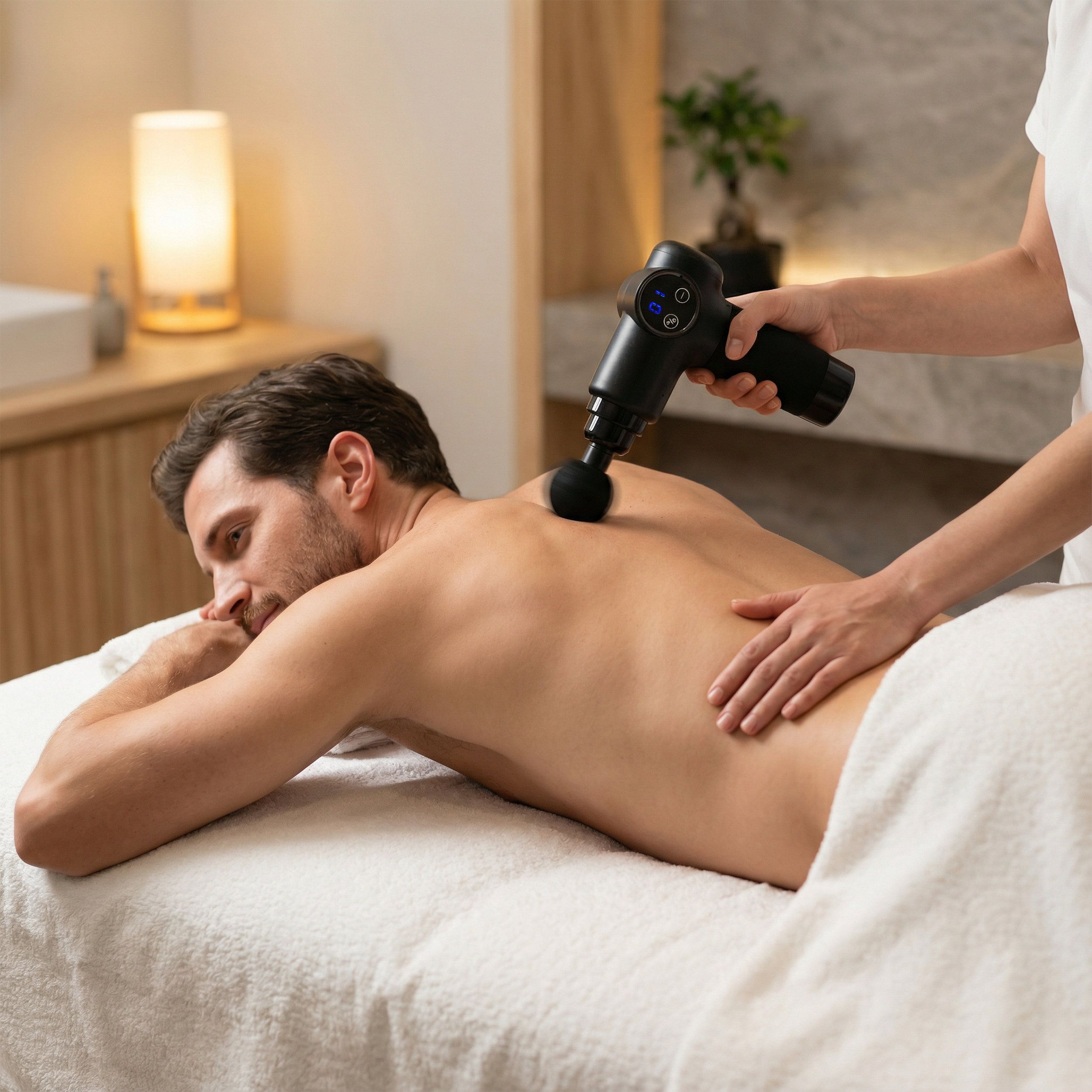 Pistolet de massage noir utilisé sur le dos d'un homme. Personne allongée sur une table. Contexte : spa.