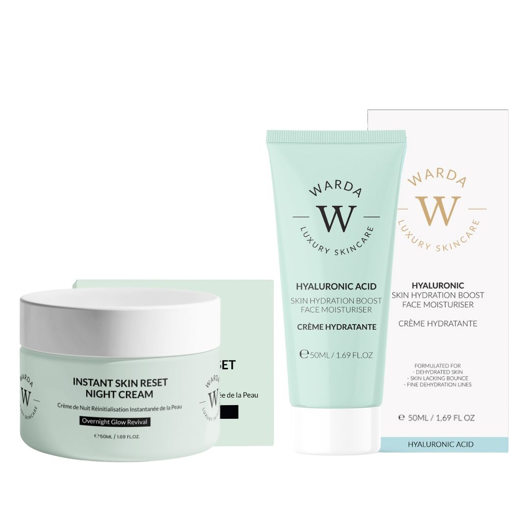 Deux produits avec emballage. Pot, tube et boîte. Vert clair avec texte blanc. Inscriptions : Warda Luxury Skincare, Instant Skin Reset Night Cream, Crème hydratante à l'acide hyaluronique.