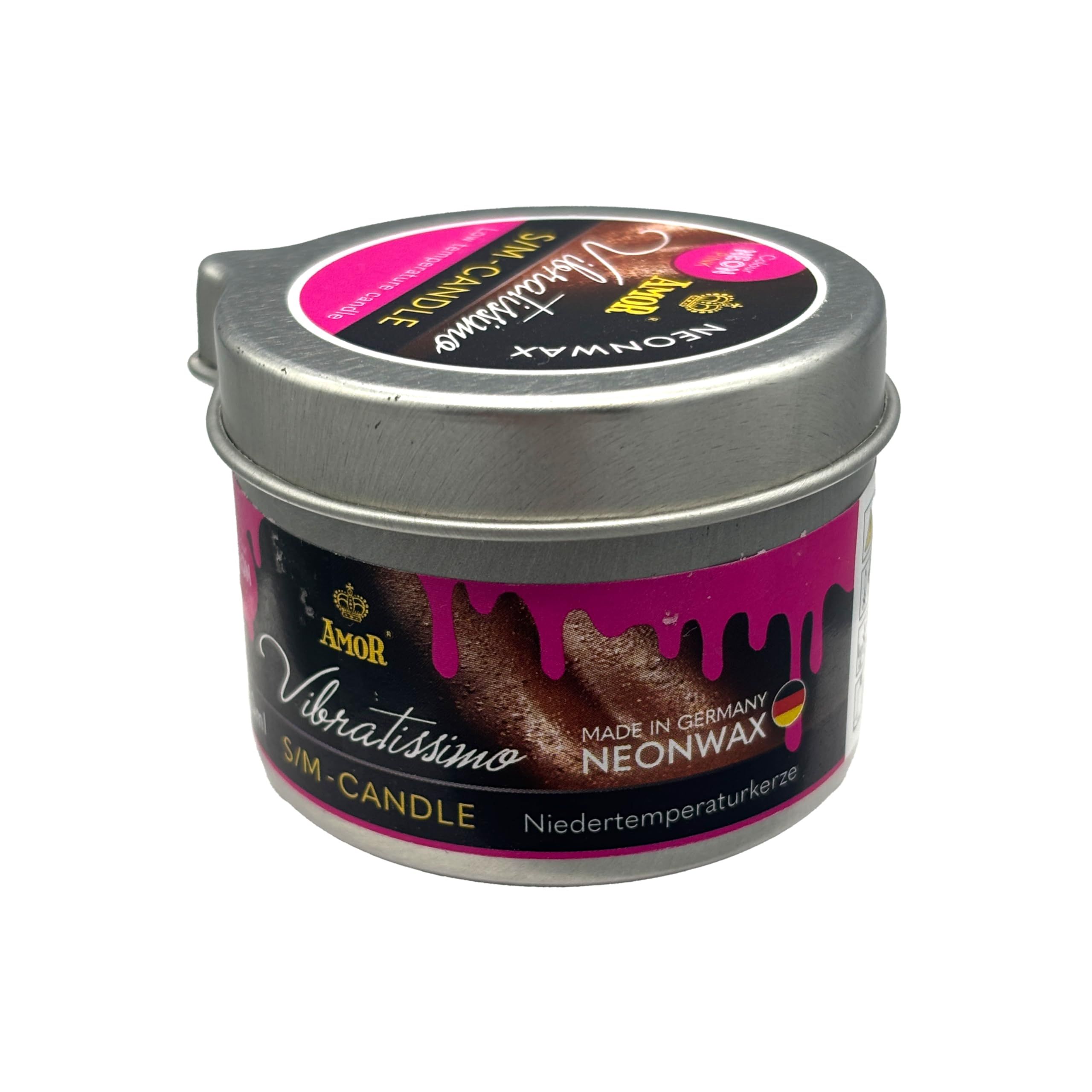 VIBRATISSIMO S/M Kaars Neon Roze in metalen blikje, gesloten. Kaars is roze.