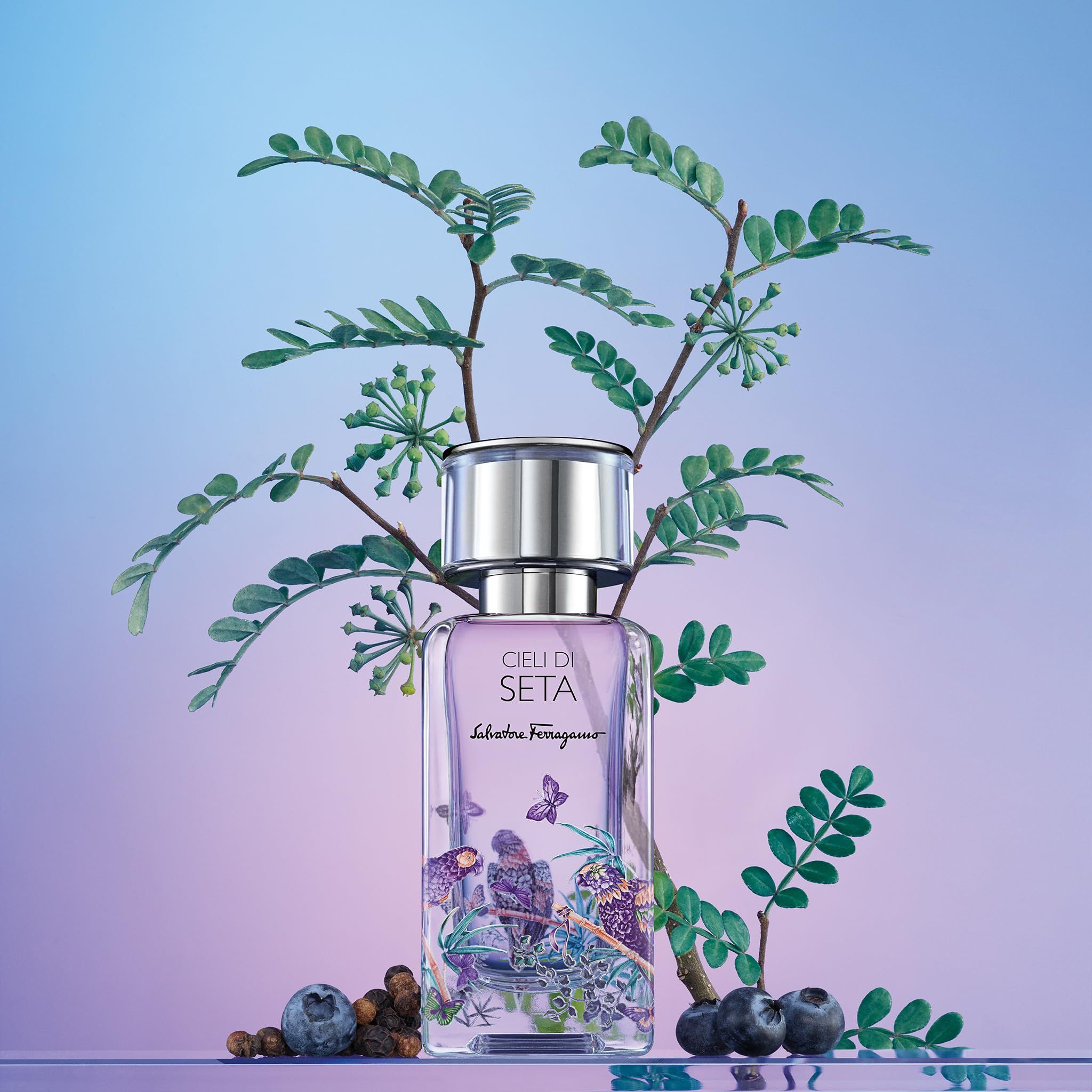 Flacon de parfum Cieli di Seta, Salvatore Ferragamo. Illustrations de perroquet, papillons et plantes. Fond : plantes.