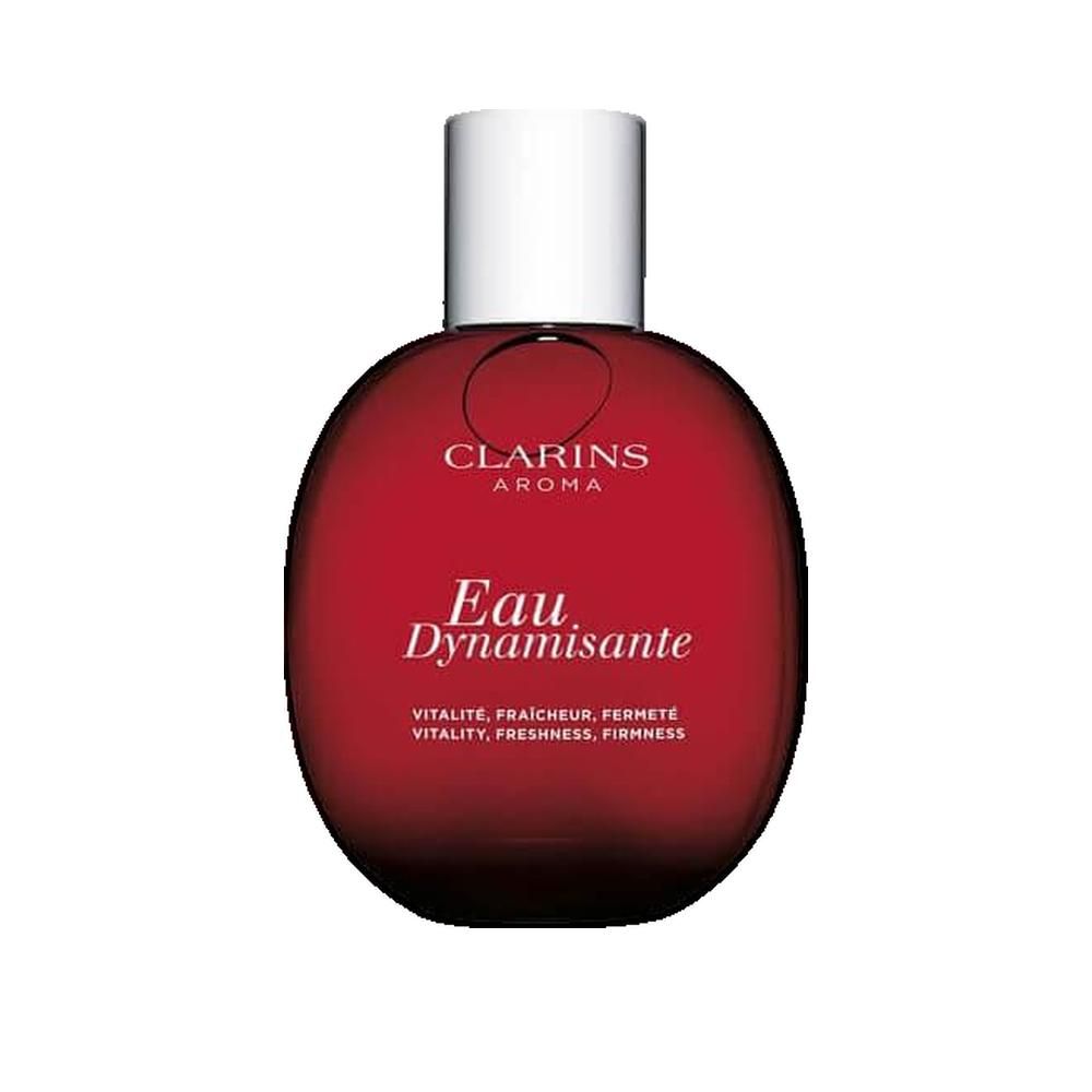 Flacon rouge avec bouchon blanc. Inscription: Clarins Aroma, Eau Dynamisante. Sous-titre: Vitalité, fraîcheur, fermeté.