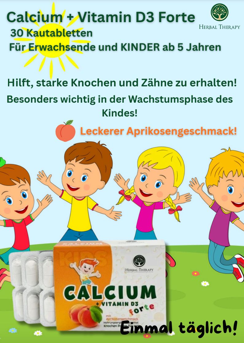 Image publicitaire avec enfants et emballage du produit. Inscription : Calcium + Vitamine D3 forte. Logo : Herbal Therapy. Texte : Pour enfants dès 5 ans.