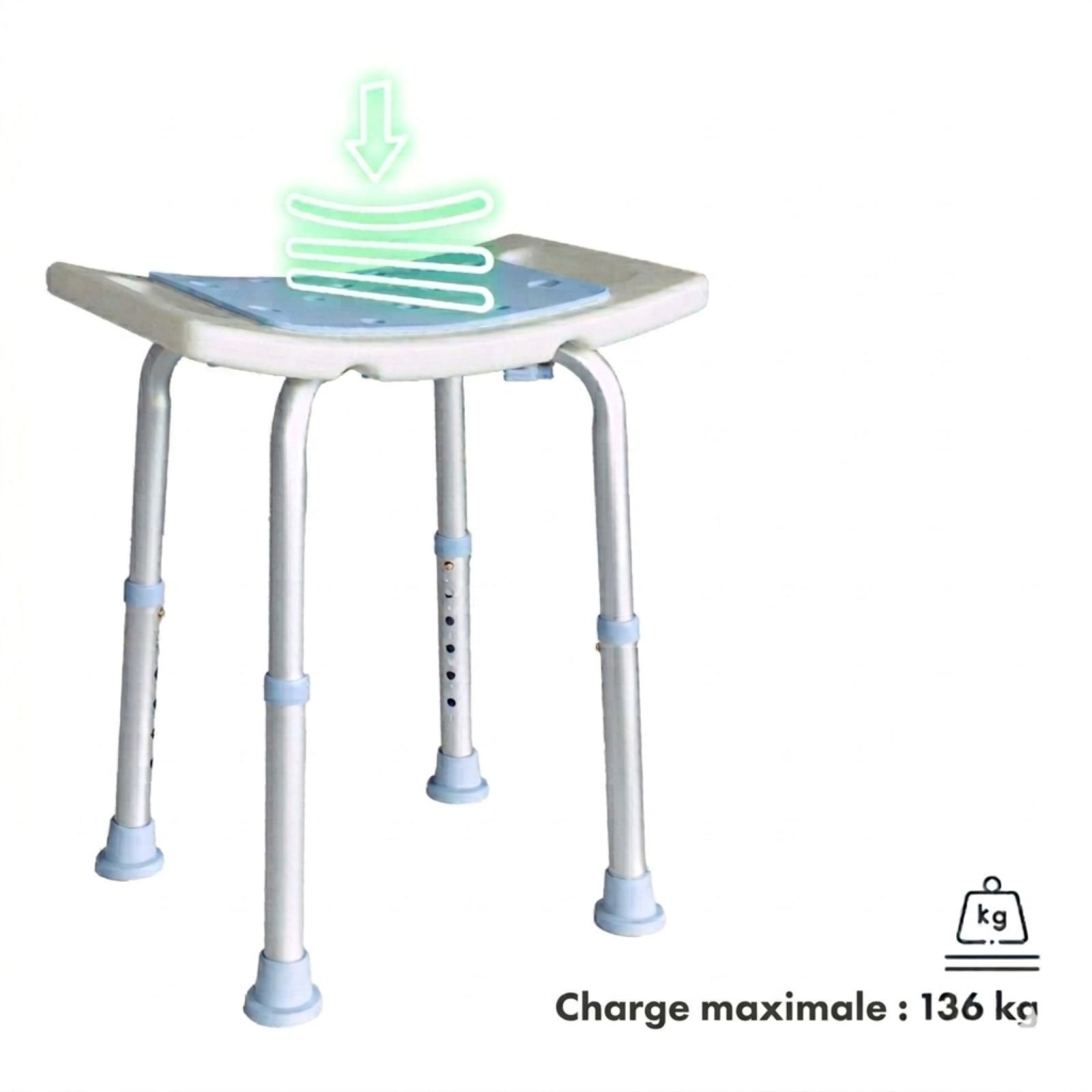 Tabouret de douche bleu. Charge maximale : 136 kg. Symbole de flèche.