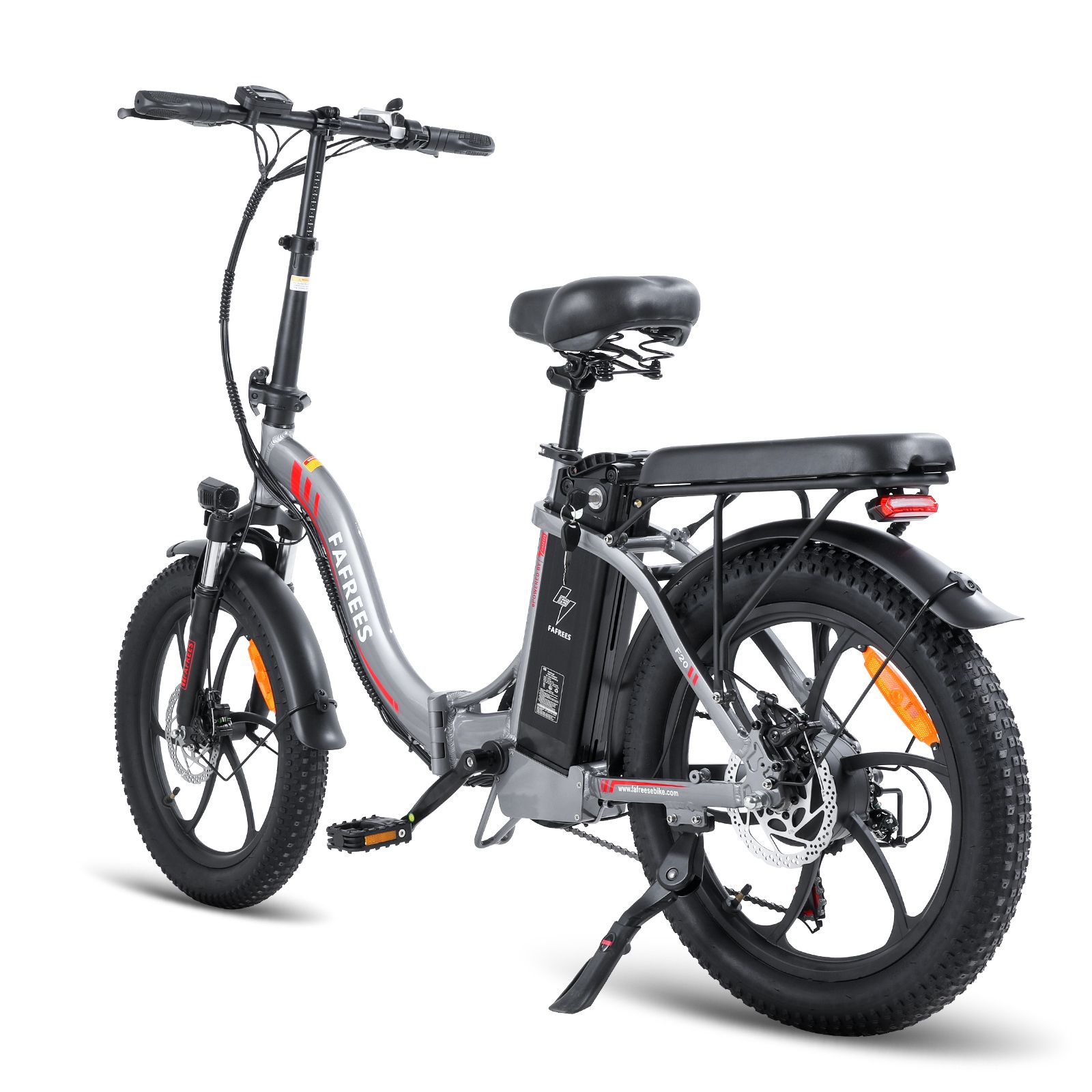 Grijze FAFREES F20 opvouwbare e-bike. Zwarte banden, zadel en bagagedrager. Achteraanzicht.