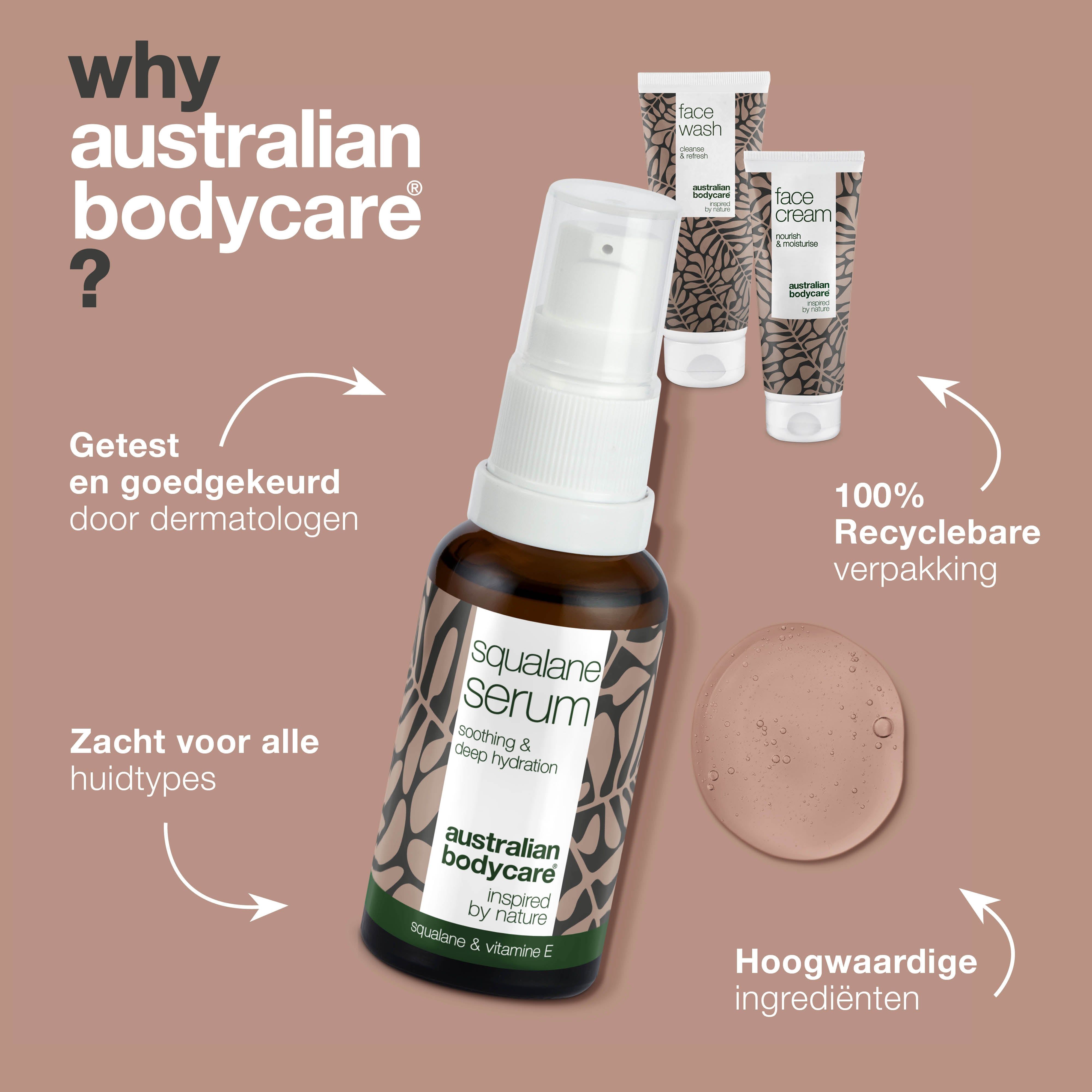 Squalane Serum met spraykop. Tekst: getest door dermatologen, 100% recyclebare verpakking, hoogwaardige ingrediënten.
