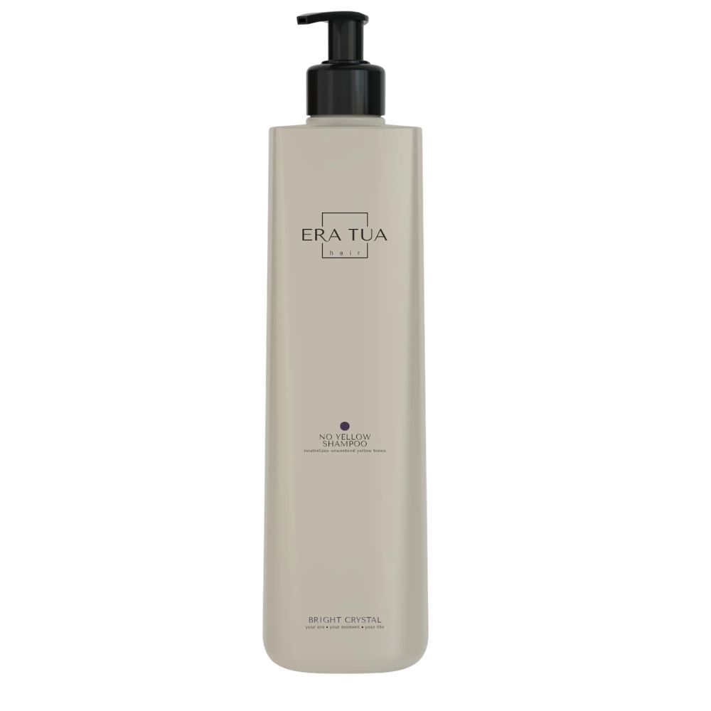 Flacon beige avec pompe noire. Texte: Era Tua, No Hellum Shampoo, Bright Crystal.