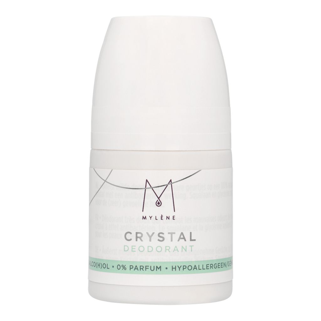 Déodorant Roller Cristal Mylène, flacon blanc avec accents roses et verts. Contient 0% de parfum et est hypoallergénique.