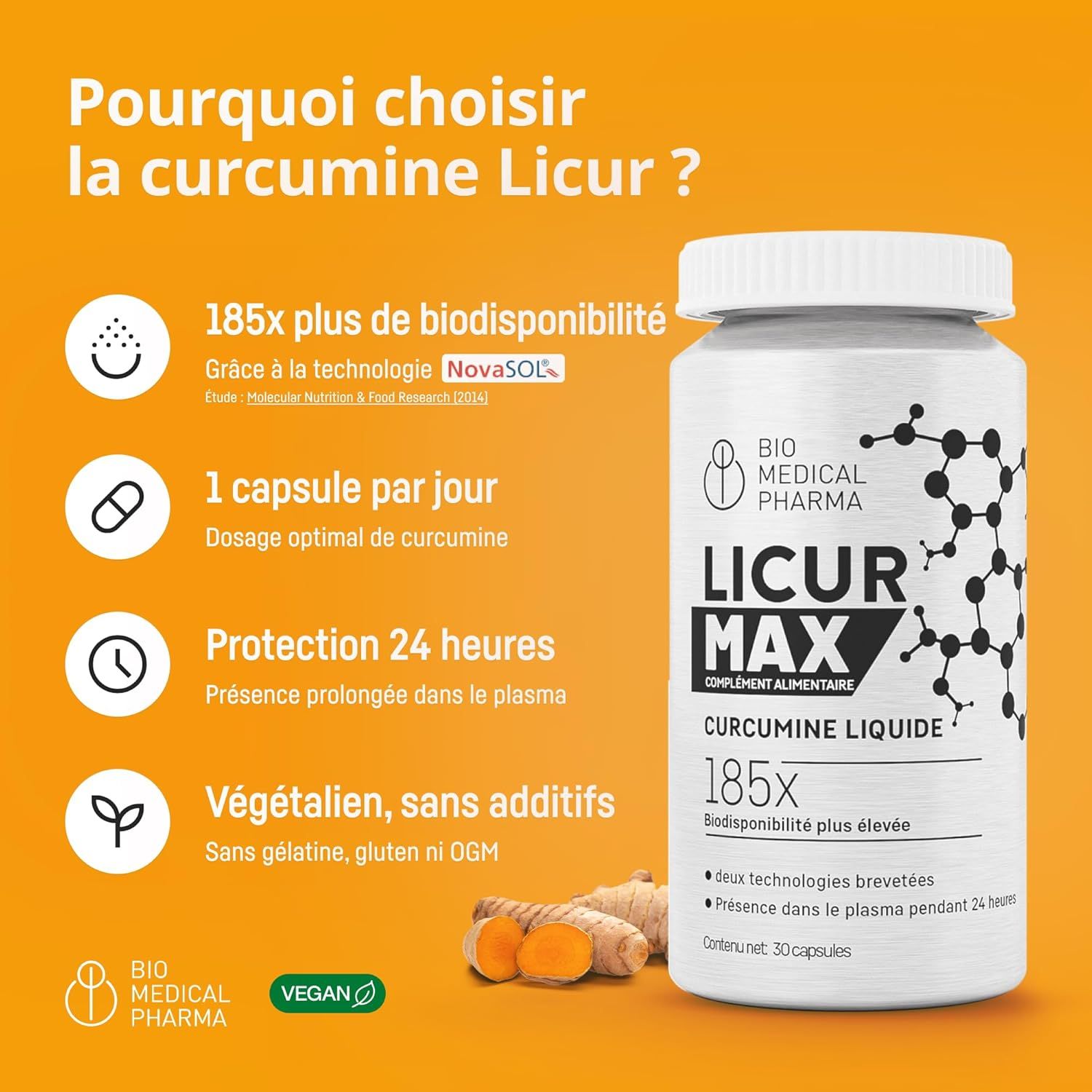 Bouteille de Licur Max Curcumine Liquide, 30 capsules. Bio Medical Pharma. Vegan.