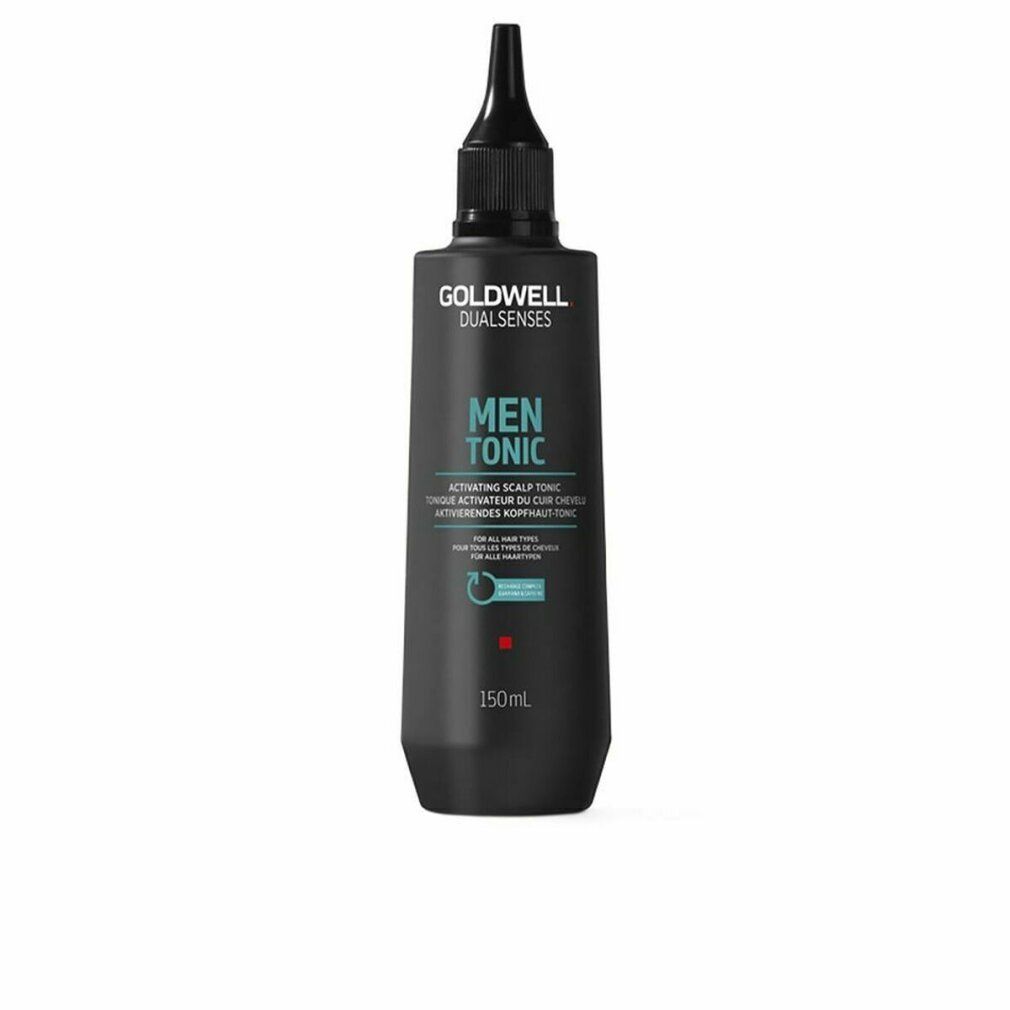 Flacon noir avec applicateur noir. Goldwell Dualsenses Men Tonic. Texte: Activating Scalp Tonic. 150ml.