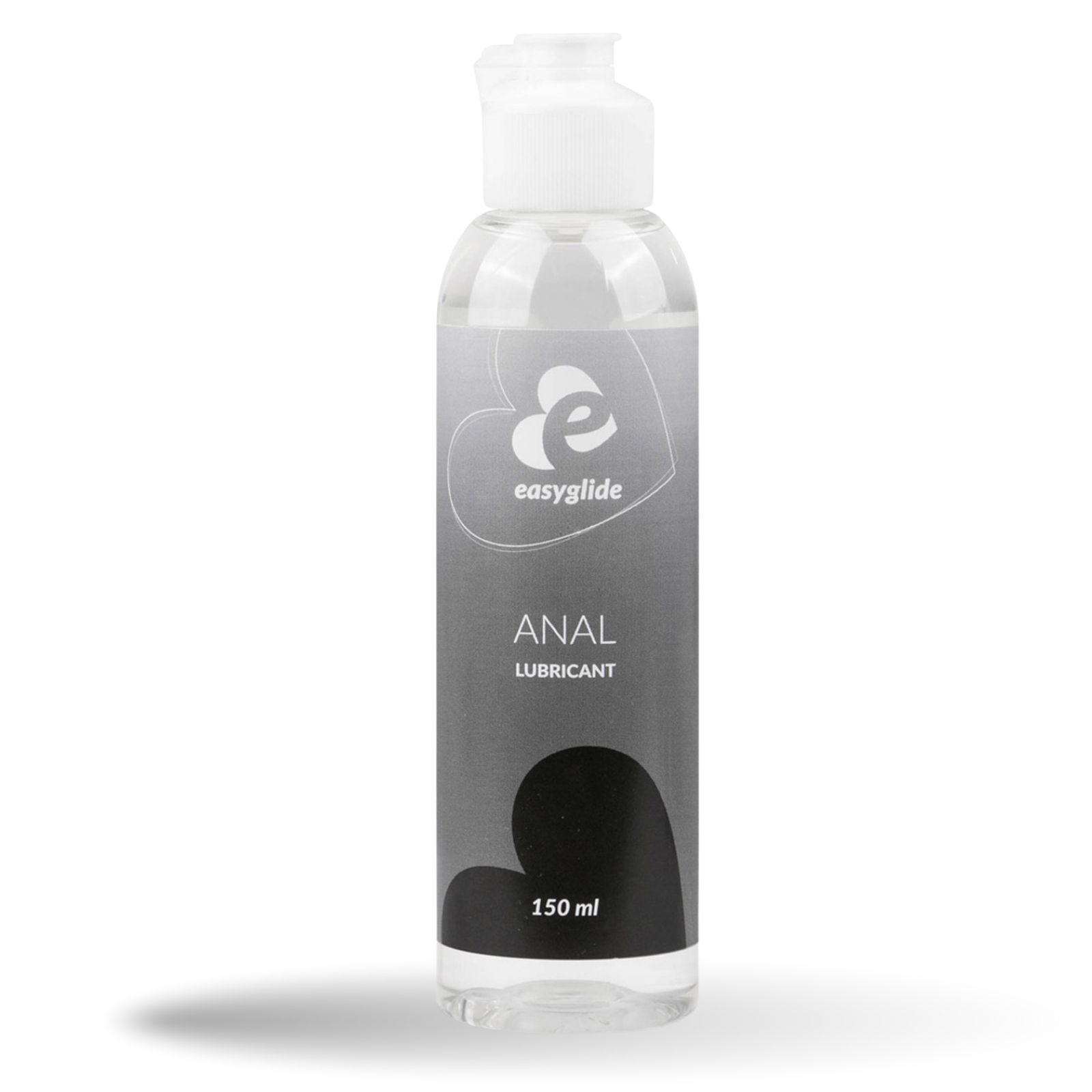 Flacon transparent avec bouchon blanc. Inscription : Easyglide, Anal Lubricant, 150 ml.