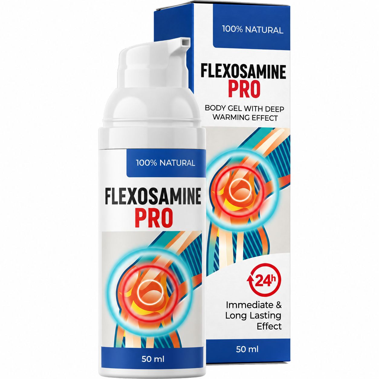 Fles van 50 ml Flexosamine Pro lichaamsgel met diep verwarmend effect. 100% natuurlijk.