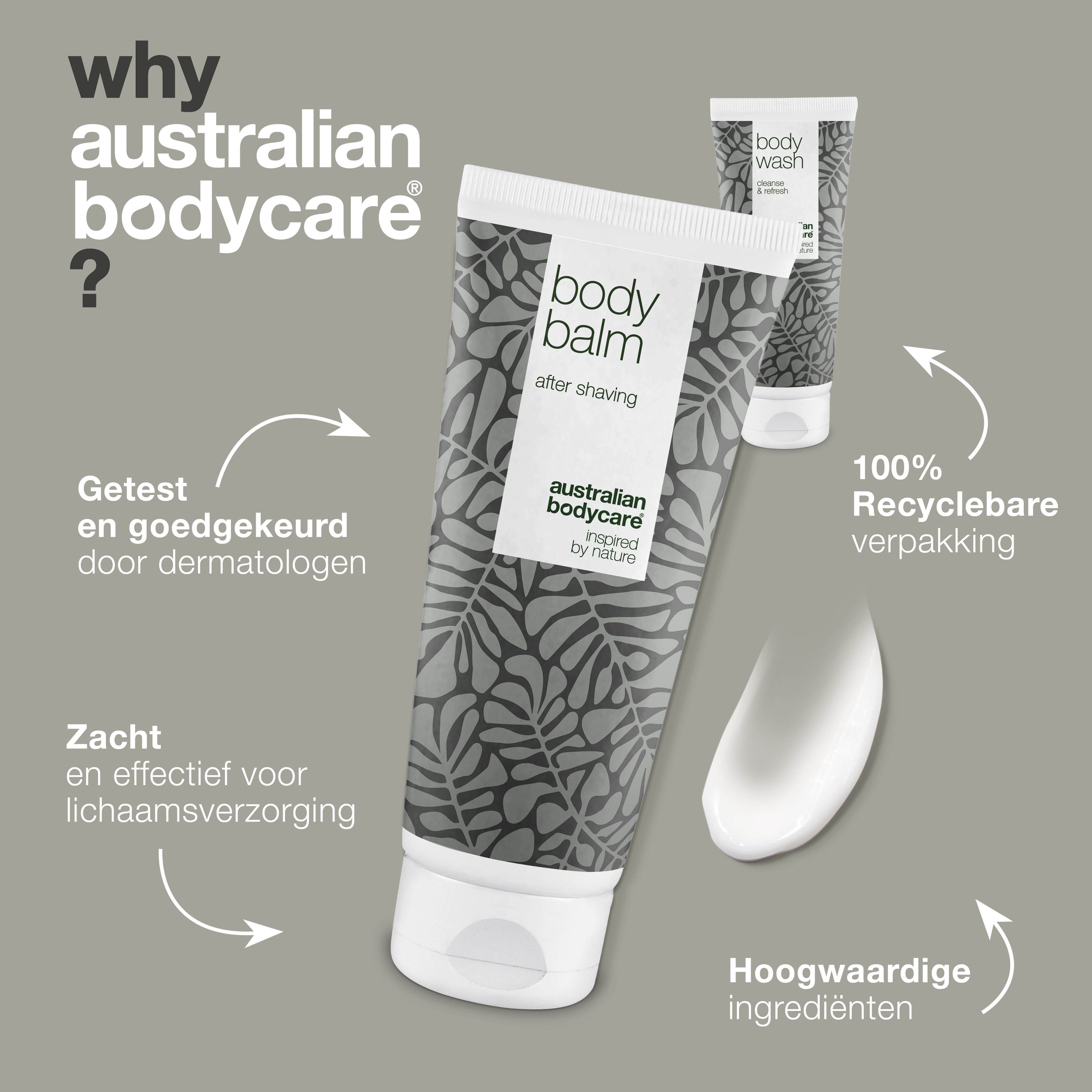 Tube "Body Balm" en crème. Tekst: Getest en goedgekeurd, 100% recyclebare verpakking, hoogwaardige ingrediënten.