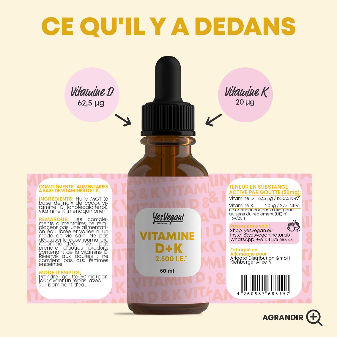 Bouteille avec pipette, montre l'étiquette "Yes Vegan! Vitamine D+K".