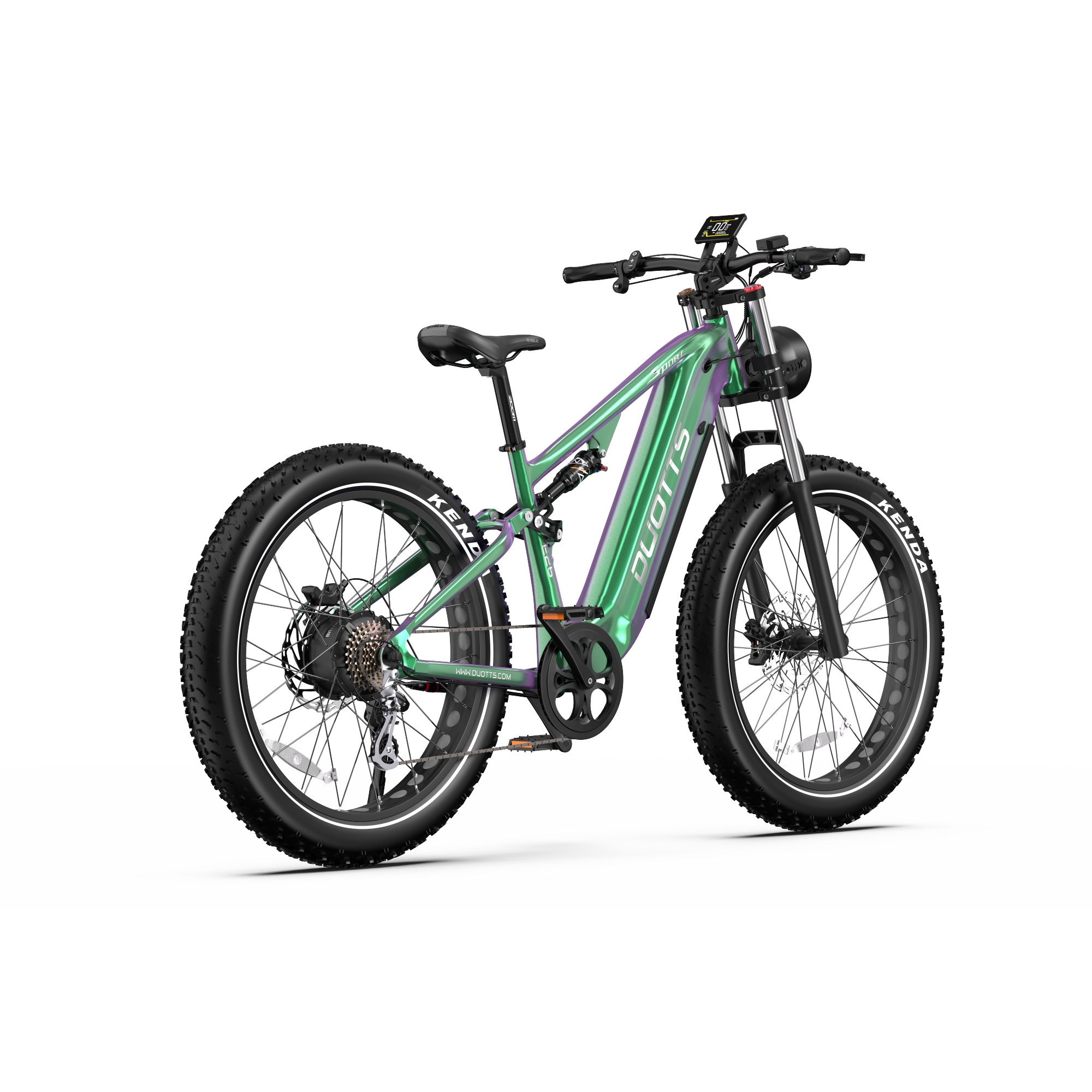 Vélo électrique vert. Pneus noirs KENDA. Logo DUOTTS sur le cadre. Écran numérique.