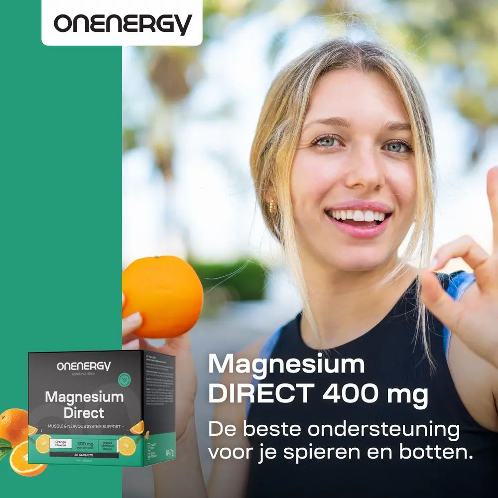 OnEnergy Magnesium Direct, 400 mg, 30 zakjes. Meerdere verpakkingen. Sinaasappels en groene elementen.