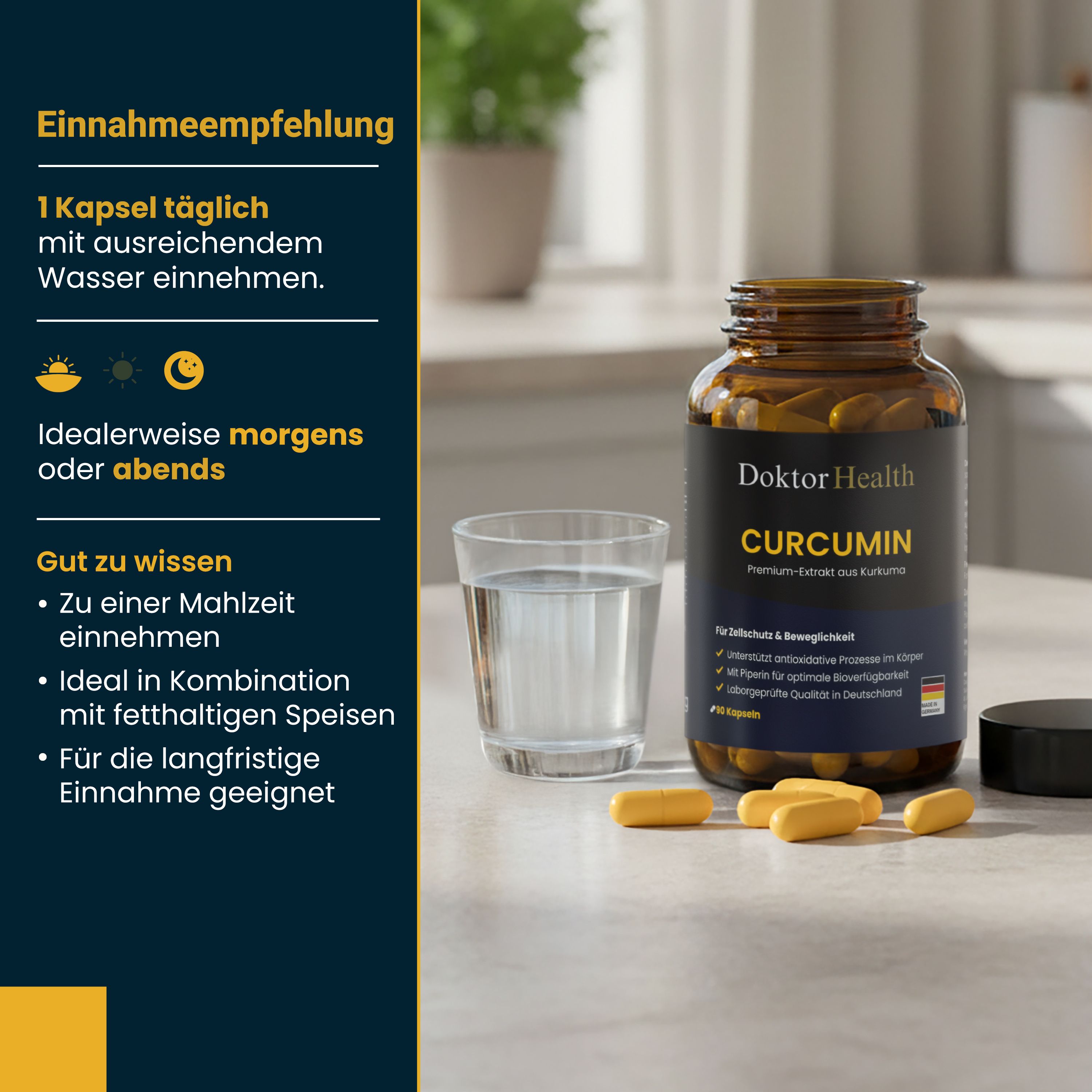 Bruine glazen fles met capsules, glas water. Tekst: Aanbeveling: 1 capsule per dag. In te nemen bij een maaltijd.